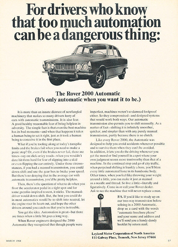 1968 Rover 2000 Automatic - Know - Classic Vintage Advertisement Ad D139