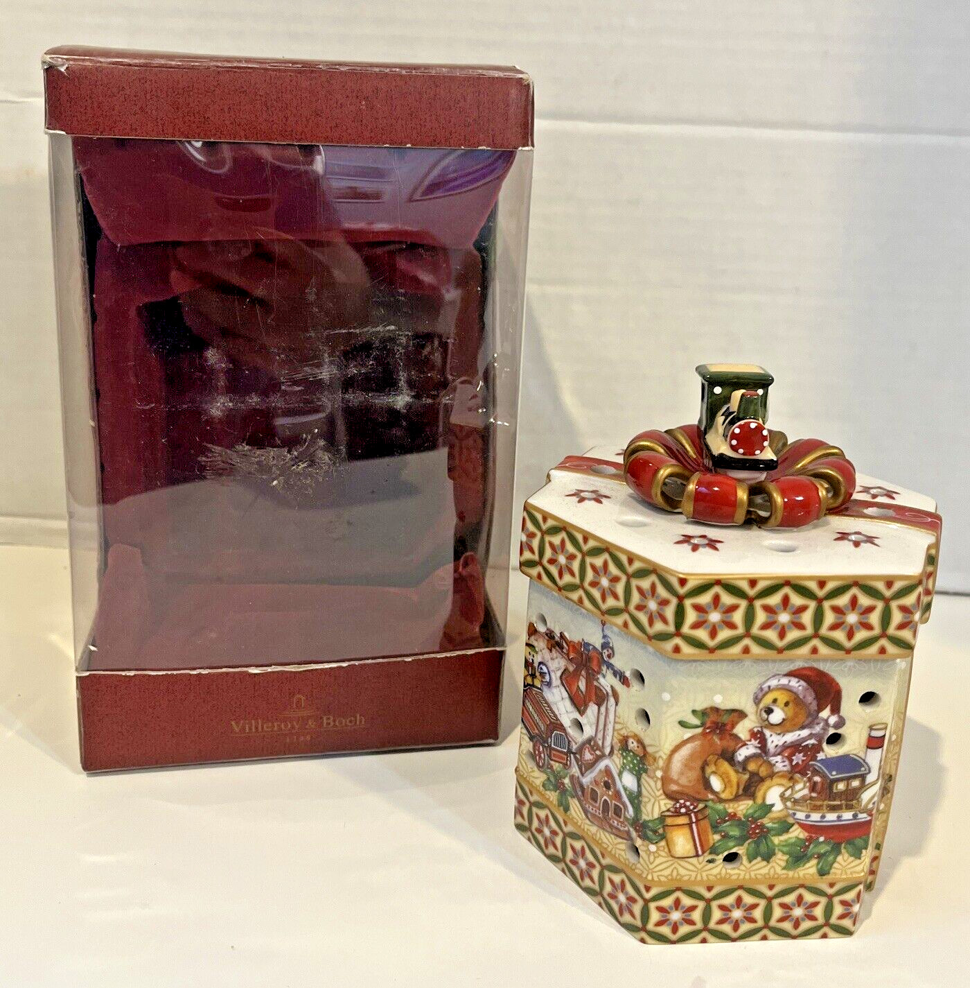 RARE VINTAGE VILLEROY & BOCH CHRISTMAS TOYS BEAR VOTIVE CANDLE BOX MINT HTF