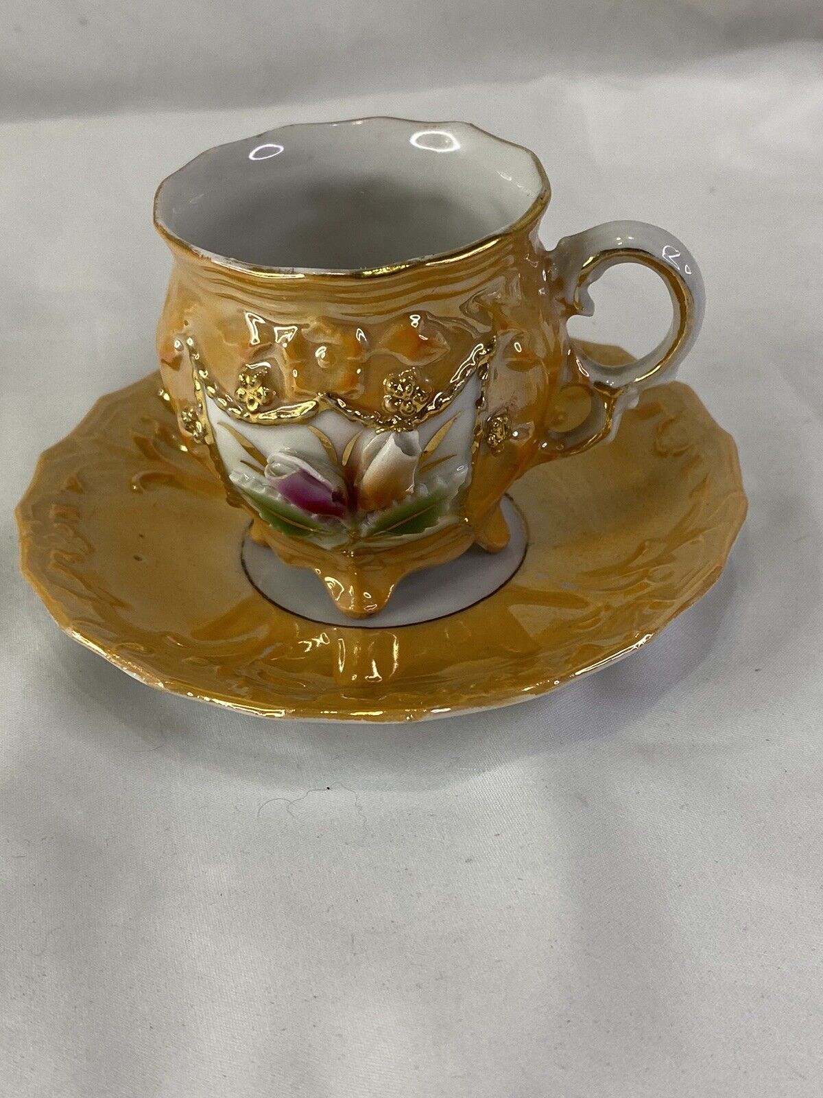 JB&W NY Germany Orange Lusterware Demitasse Cup And Saucer With 3d Flowers 