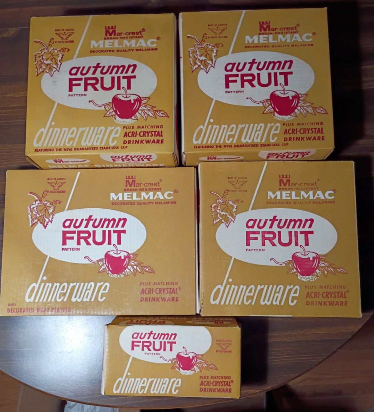 5 Rare Vintage Mar-crest Melmac Autumn Fruit Dinnerware Sets With Original Boxes 5 Rare Vintage Mar-crest Melmac Autumn Fruit Dinnerware Sets With Original Boxes