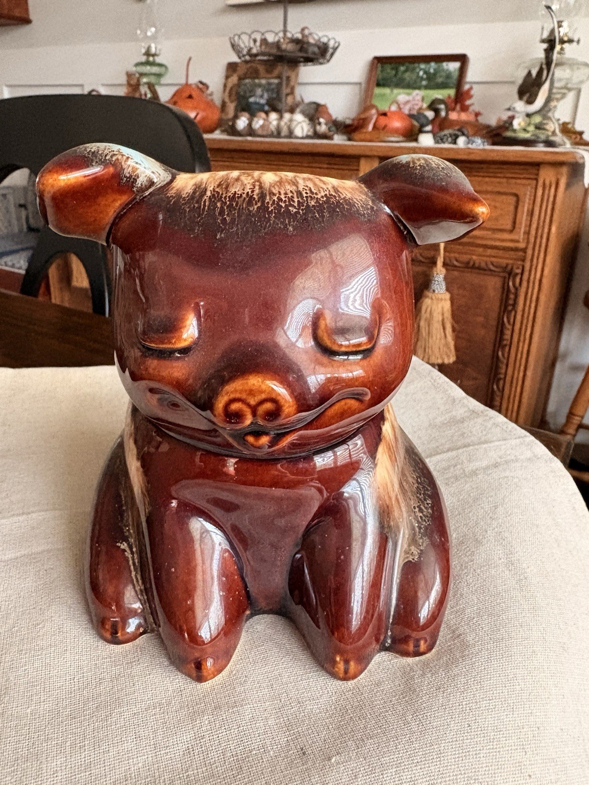 Vintage Hull Pottery USA 196 Brown W/ Drip Glaze Sitting Pig Piggy Bank  W/ Cork