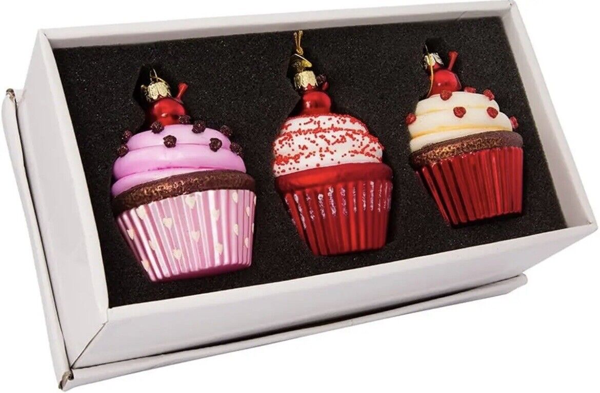 Kurt Adler 3.65-Inch Noble Gems Glass Cupcake 3-Piece Ornament Set, Valentines