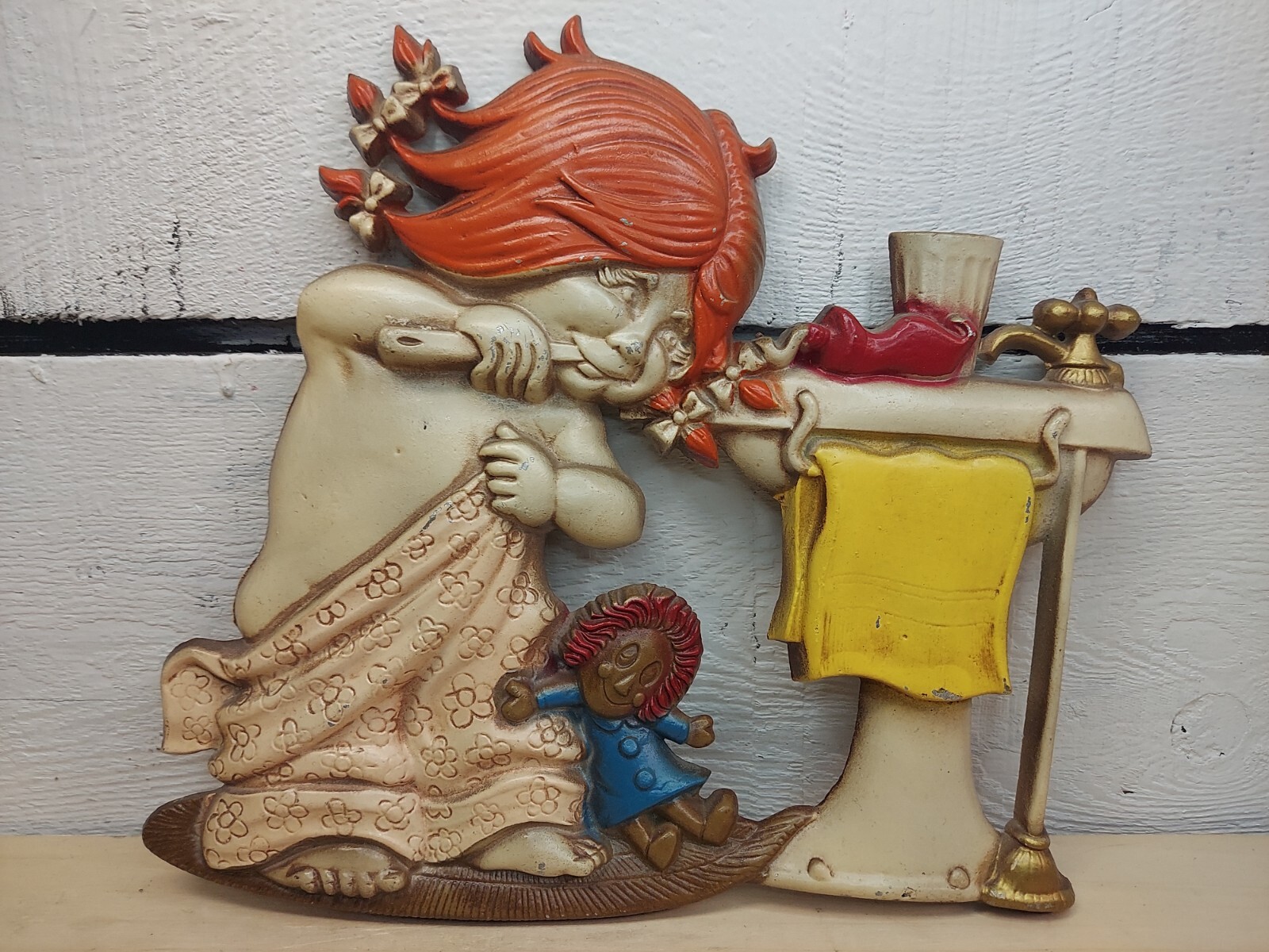 Vintage 1974 Sexton Cast Metal Girl & Doll Brushing Teeth Wall Plaque