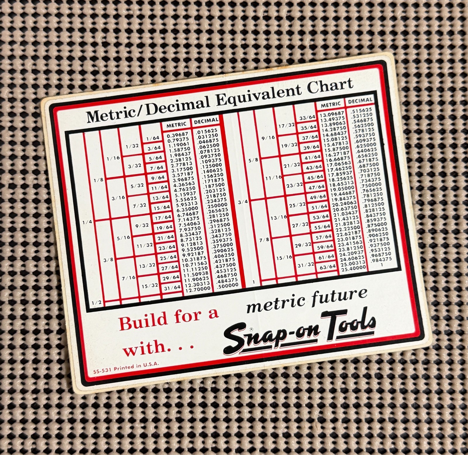 1955 Vintage Snap-on Tools METRIC/DECIMAL Chart Tool Box Sticker Decals