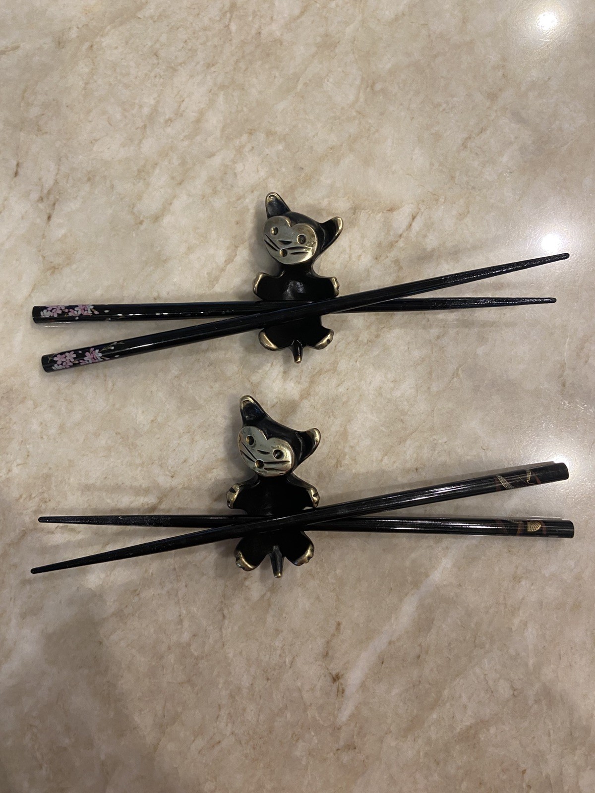 Rare Pair Vintage 1972 Cast iron Chopstick Holders Playful Kittens Brass Faces