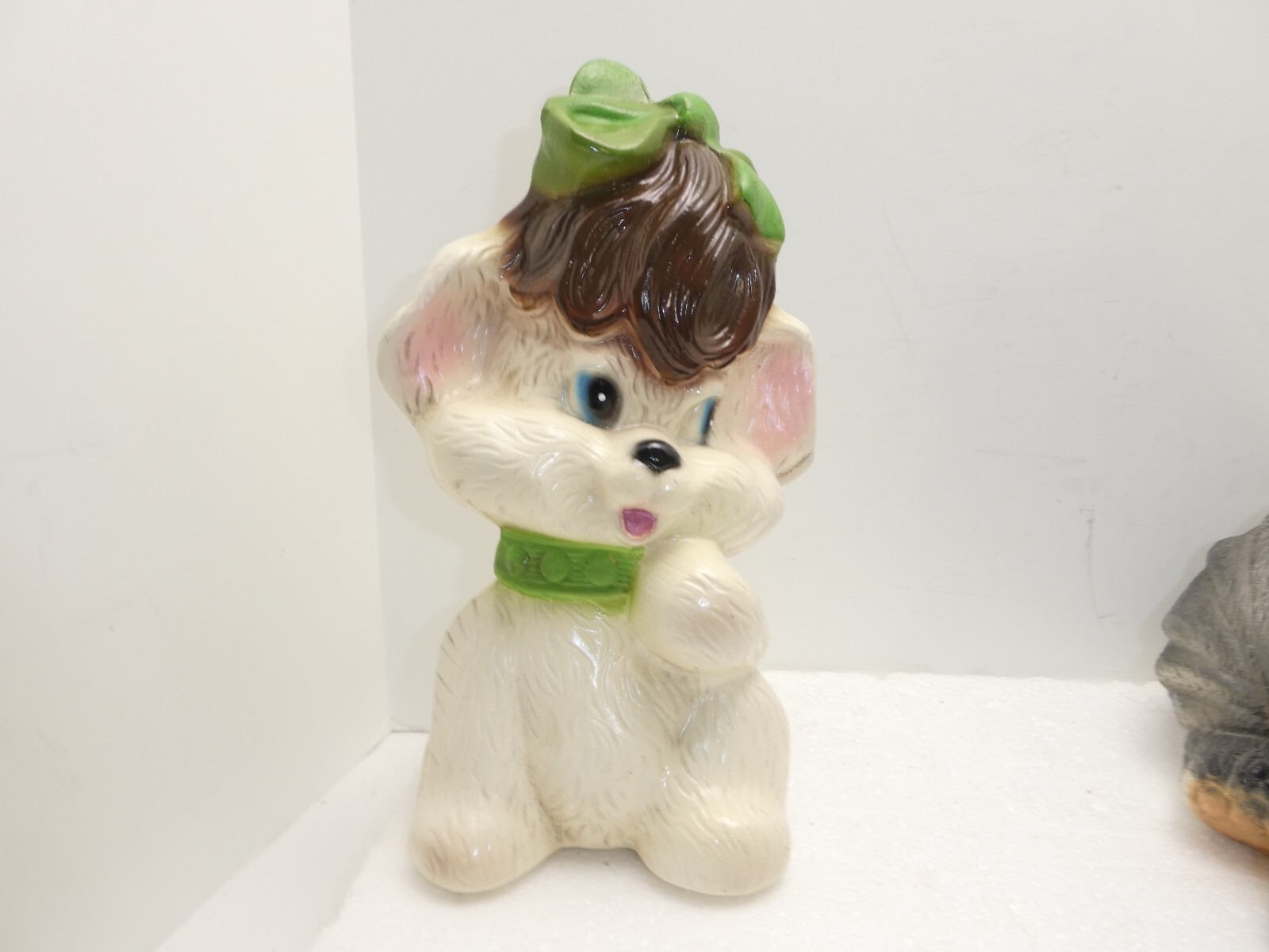 Vintage Bank Puppy with Bow Chalkware  Mexico Bank Dog Statue
