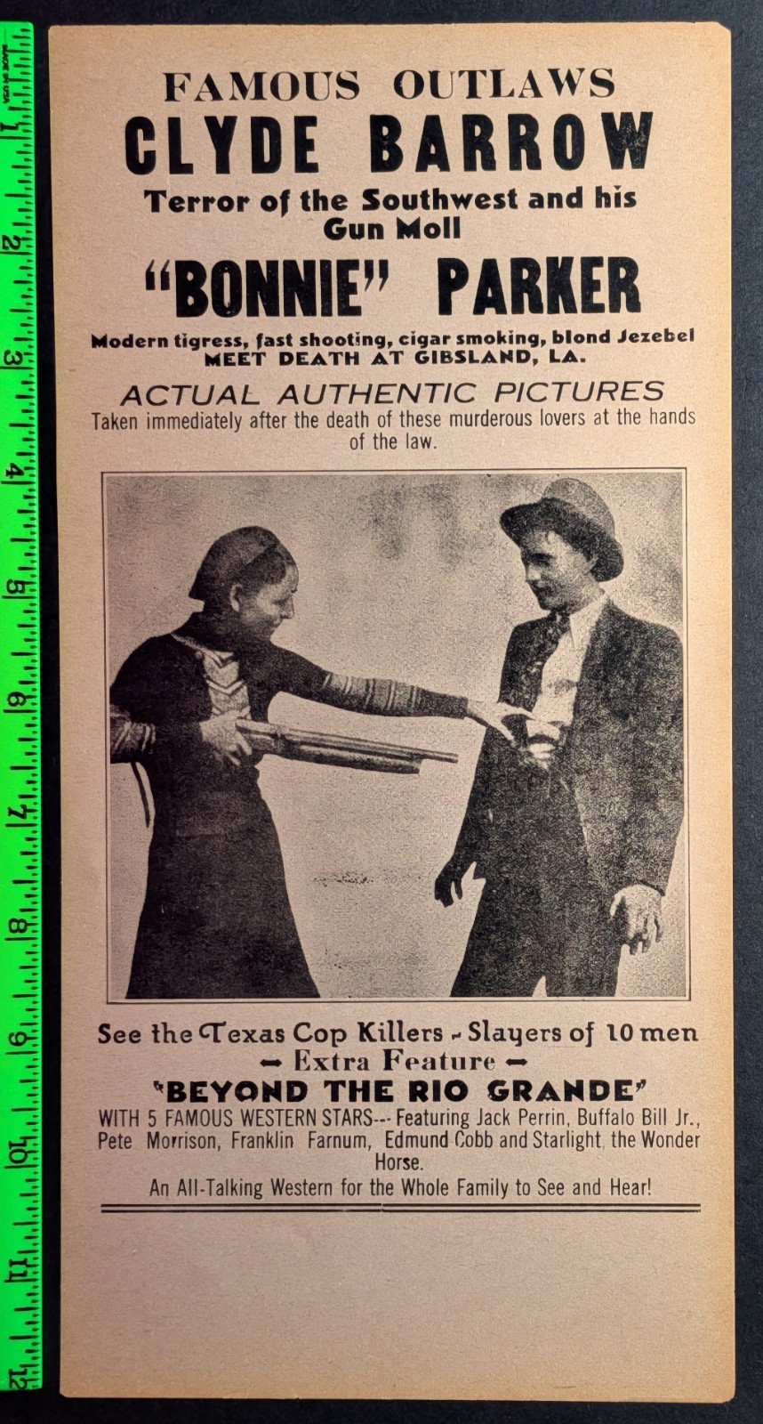 Vintage 1934 Bonnie & Clyde Paper Handbill Flyer (Tiny Edge Tear)