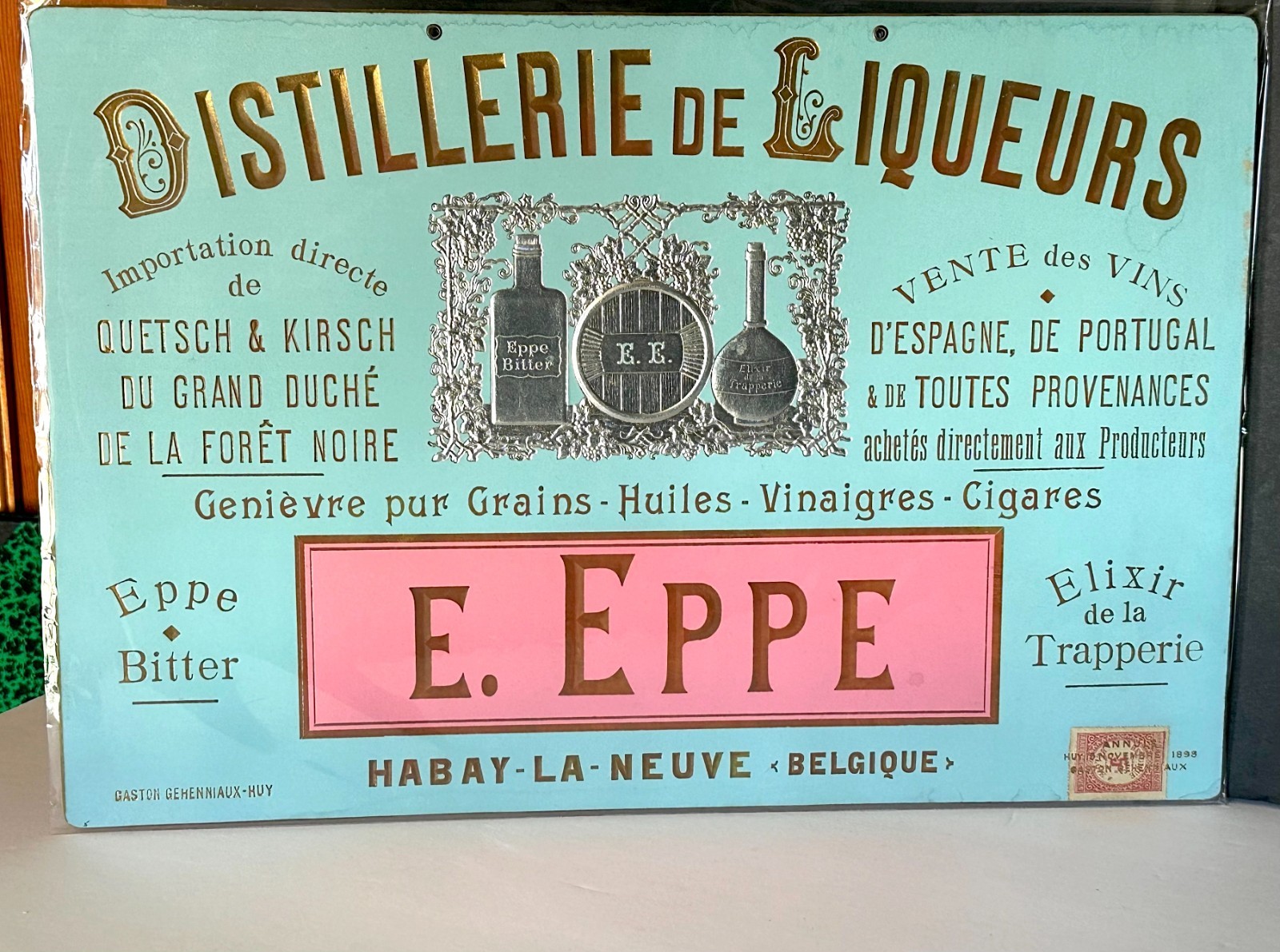 Antique Belgium Advertising Sign for Distillery Wine Cigar Oils Vinegars Elixirs