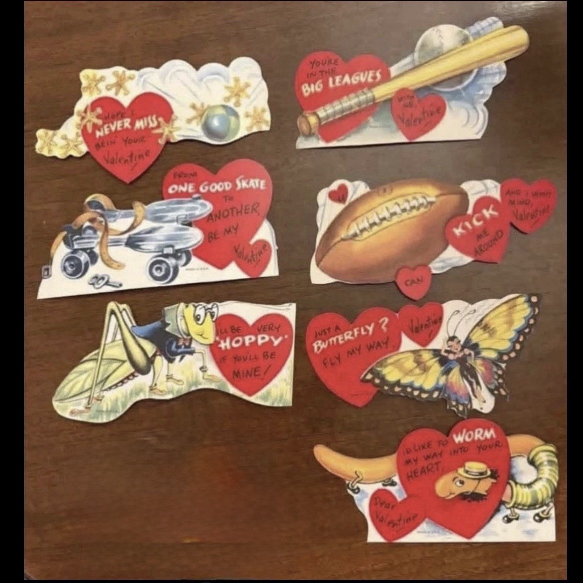 6 Vintage  Valentines  Anthropomorphic Worm Skate Grasshopper Bat Jax Football