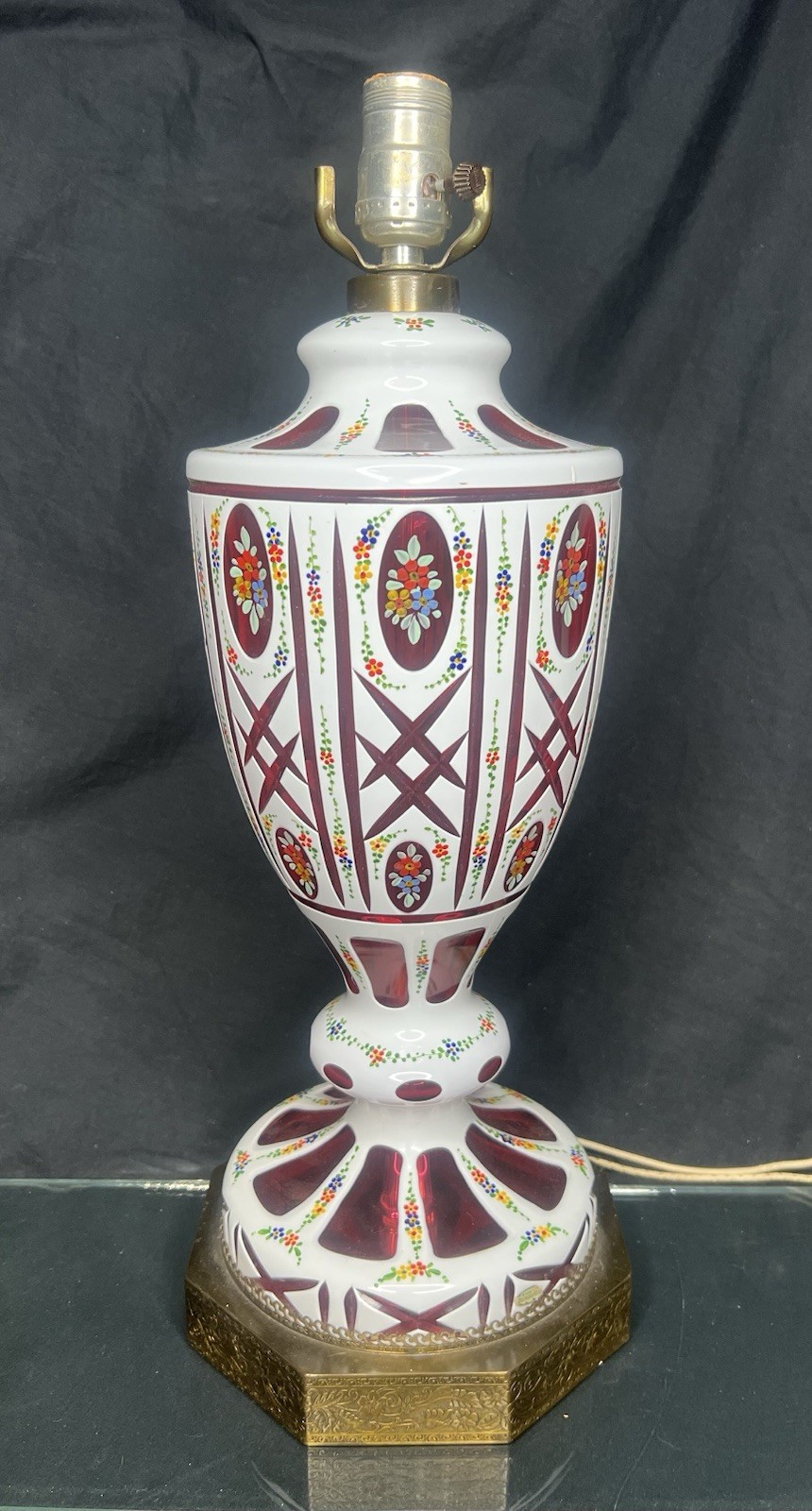 Vintage Czech Bohemian Ruby Cut-to-White Overlay Hand Painted Floral Lamp