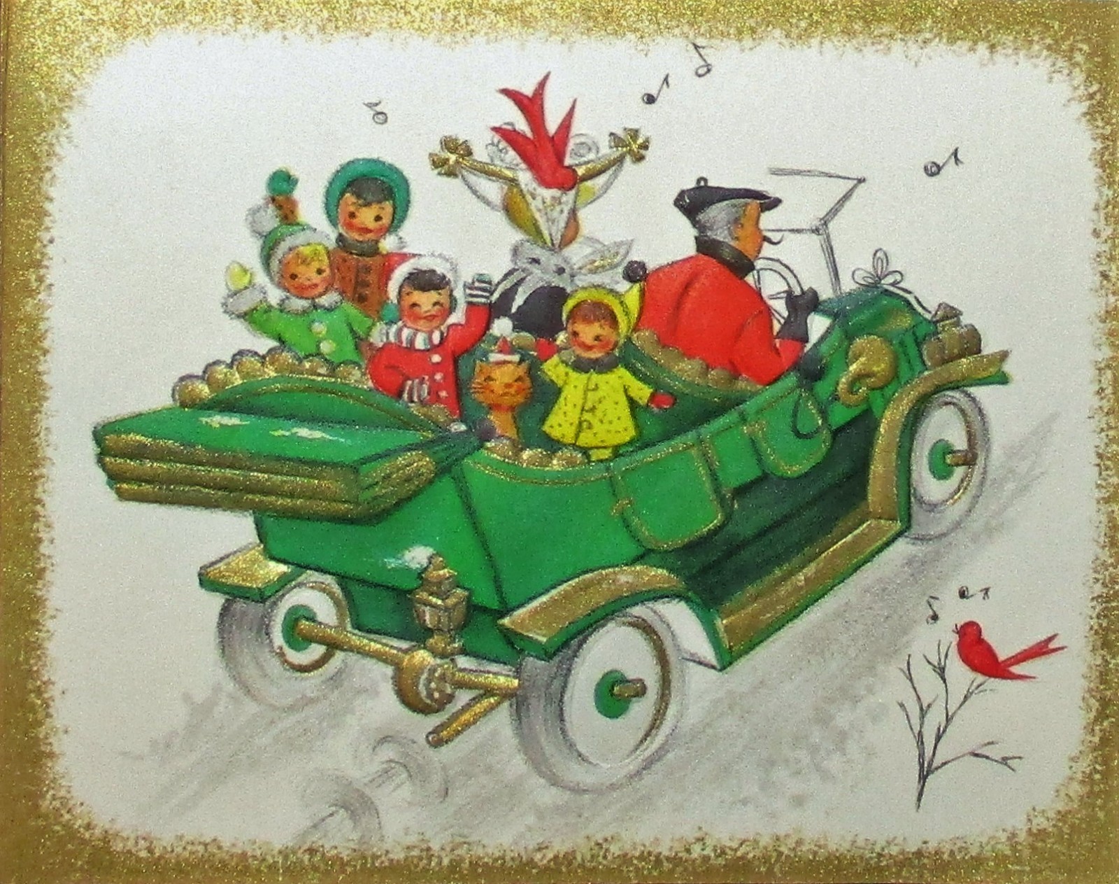 Vintage 1960's Unused Hallmark Christmas Card ~ Family of 6 Riding in Car