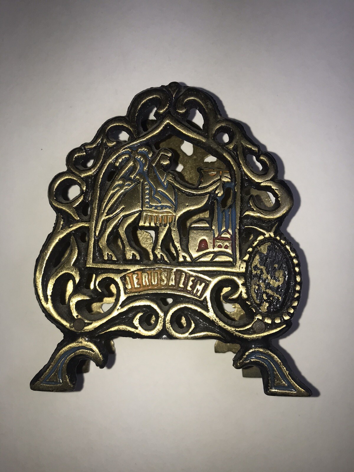 Jerusalem Napkin/Letter Holder Souvenir Solid Brass Enamel Gold Tone