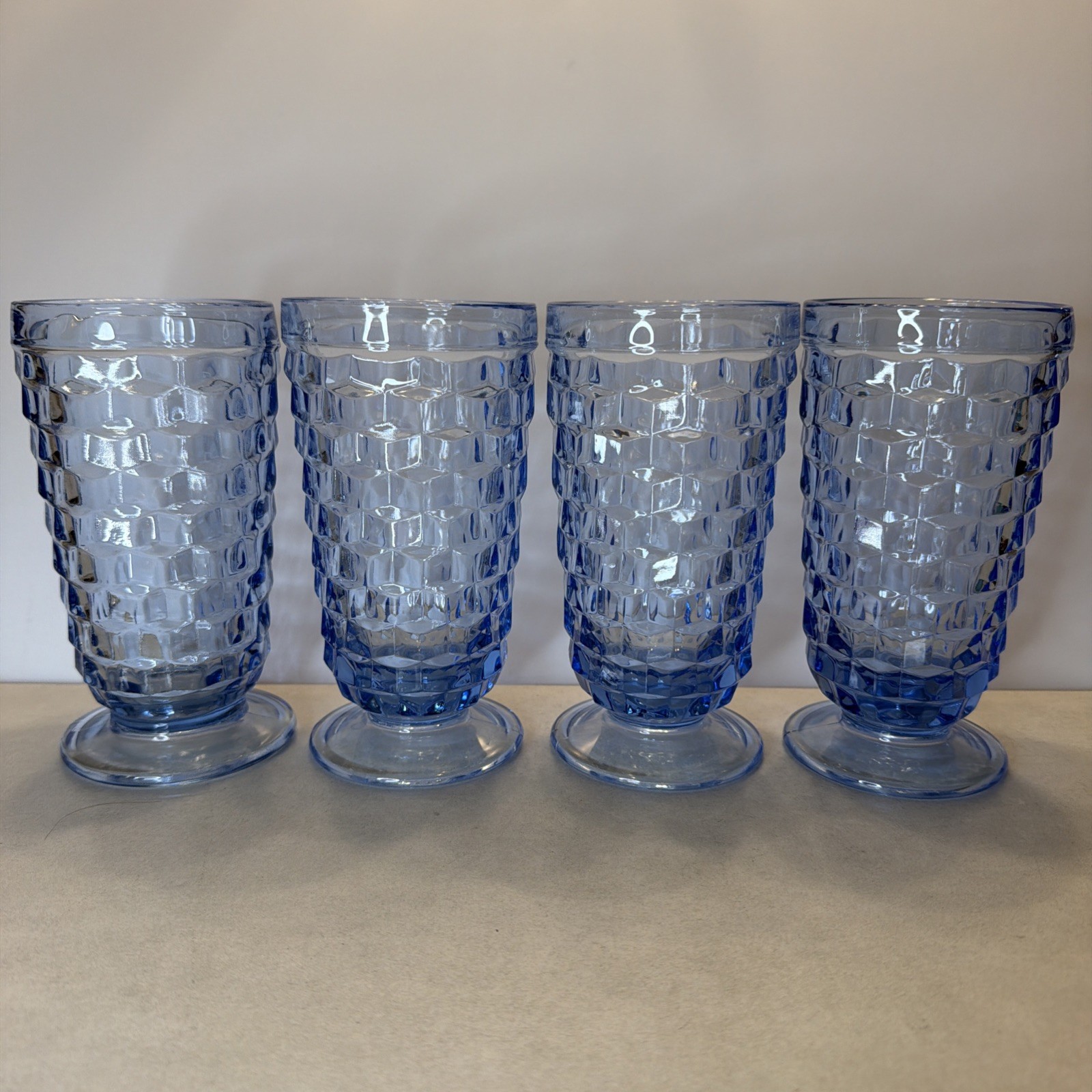 (4) Vintage Ice Blue Indiana Glass Whitehall Colony Cube 6” Ice Tea Glasses. MCM (4) Vintage Ice Blue Indiana Glass Whitehall Colony Cube 6” Ice Tea Glasses. MCM