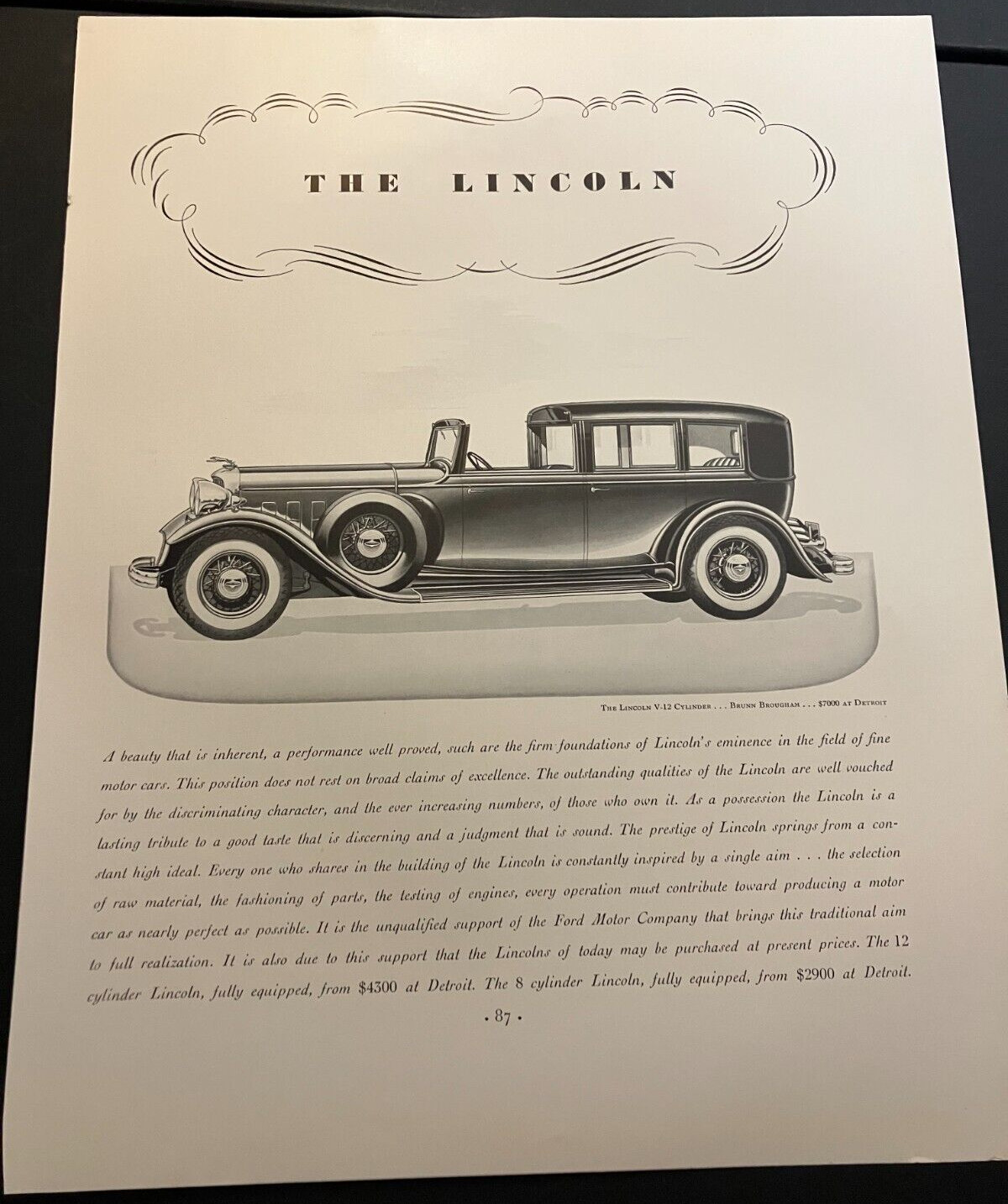1932 Lincoln V-12 Brunn Brougham - Vintage Original Print Ad Garage Wall Art