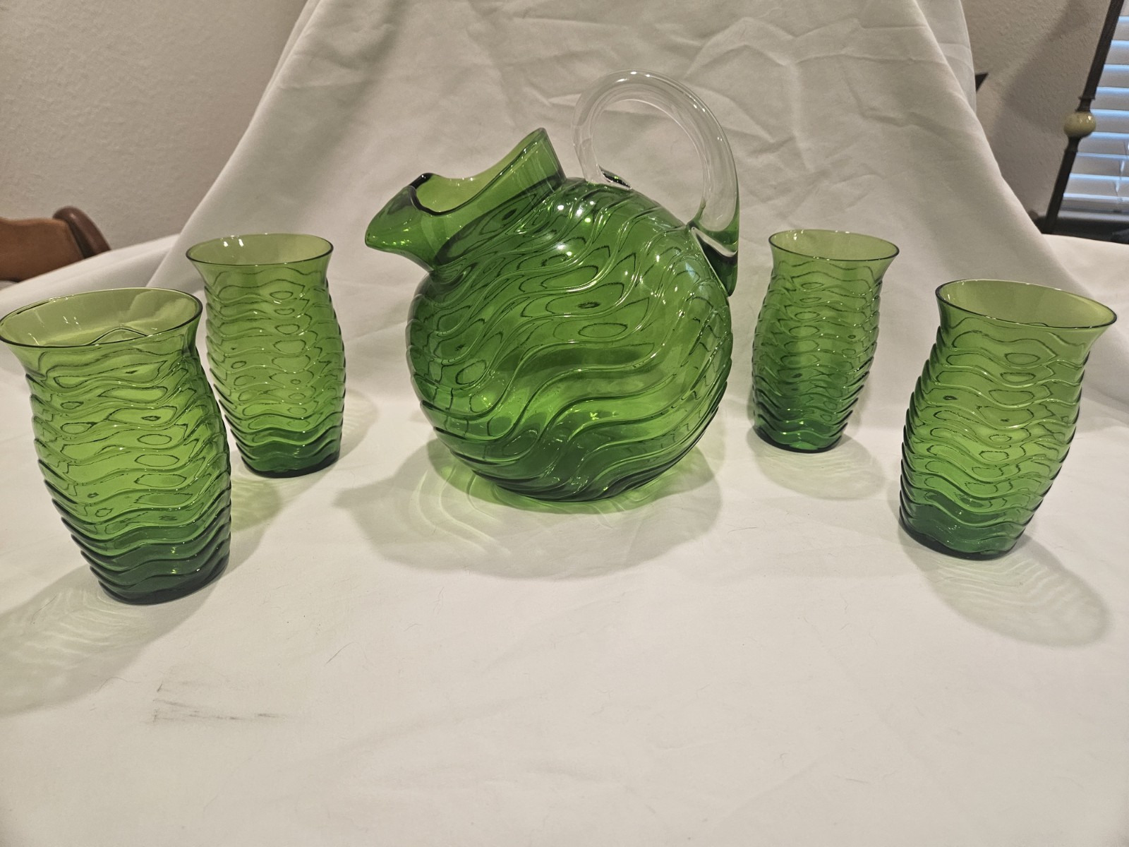 1930\'s IMPERIAL GLASS: GREEN 5 PIECE SET Tilt Pitcher/Glasses Wave Design