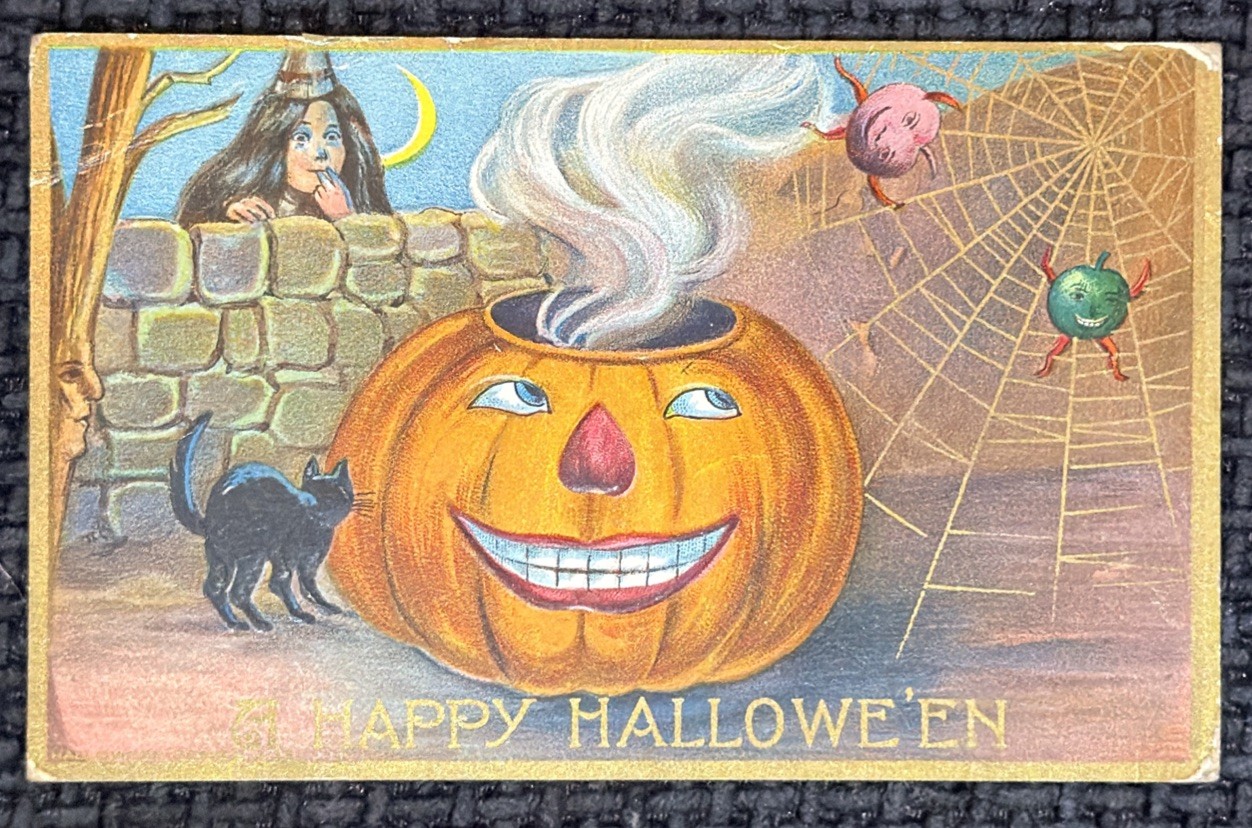 Vintage Happy Halloween Postcard APM Spider Web Jack-o-Lantern Black Cat 303