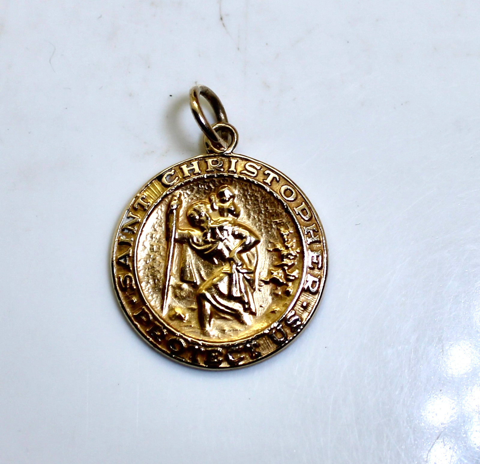 Vtg St. Christopher Protect Us 14K Yellow Gold Charm/Pendant Catholic, 3.7gr