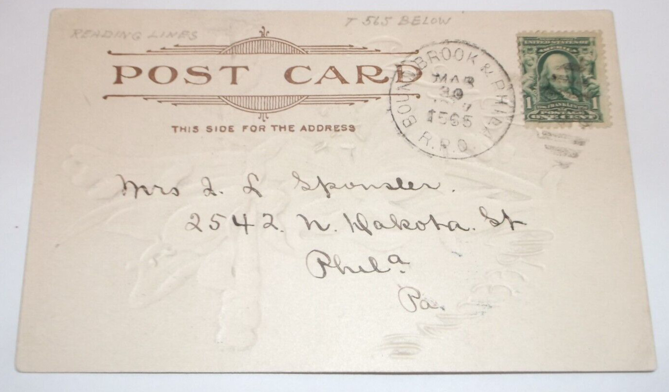 MARCH 1907 READING COMPANY BOUND BROOK & PHILADELPHIA RPO HANDLED POST CARD