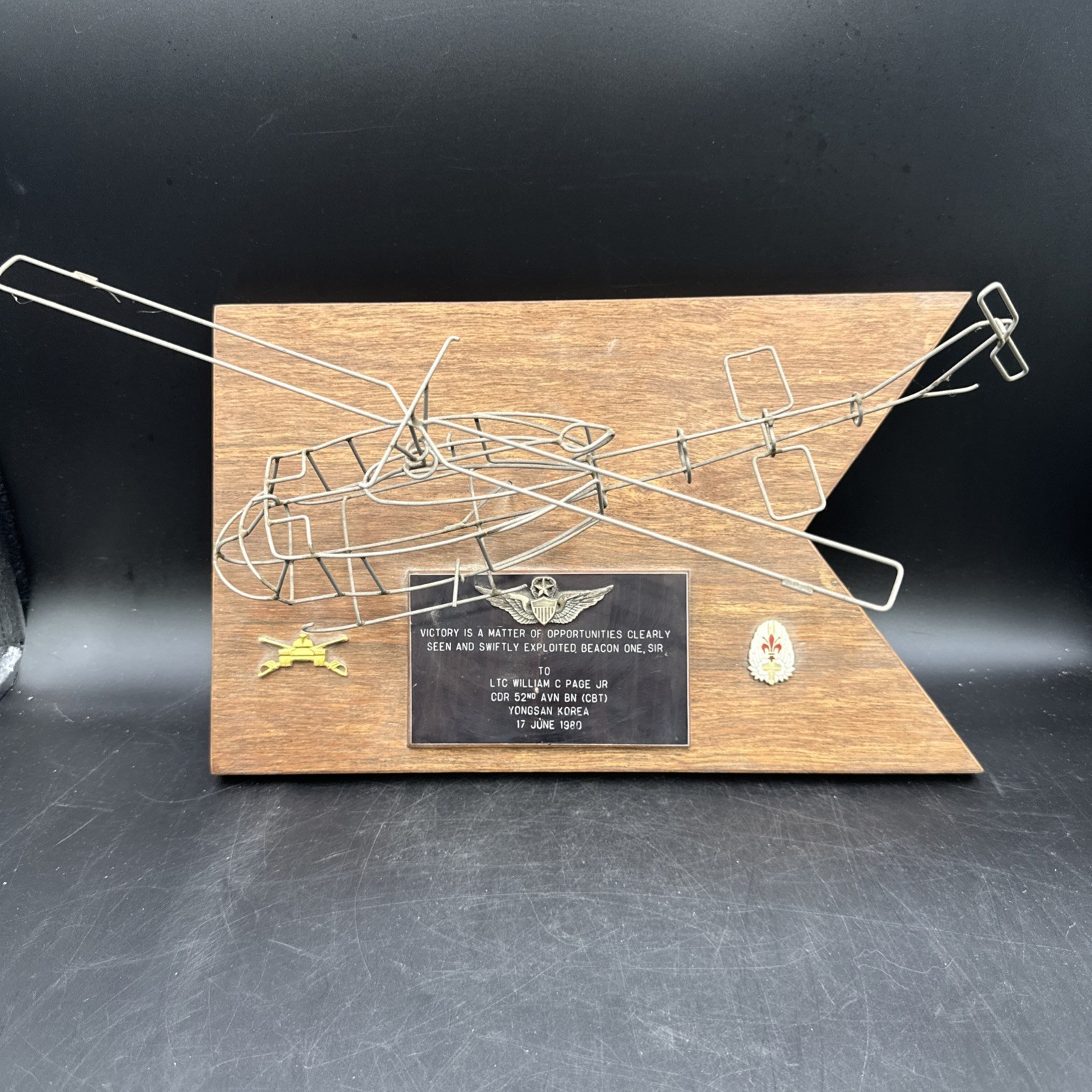 Vintage US Army Wall Plaque With Wire Helicopter LTC William C Page 1980
