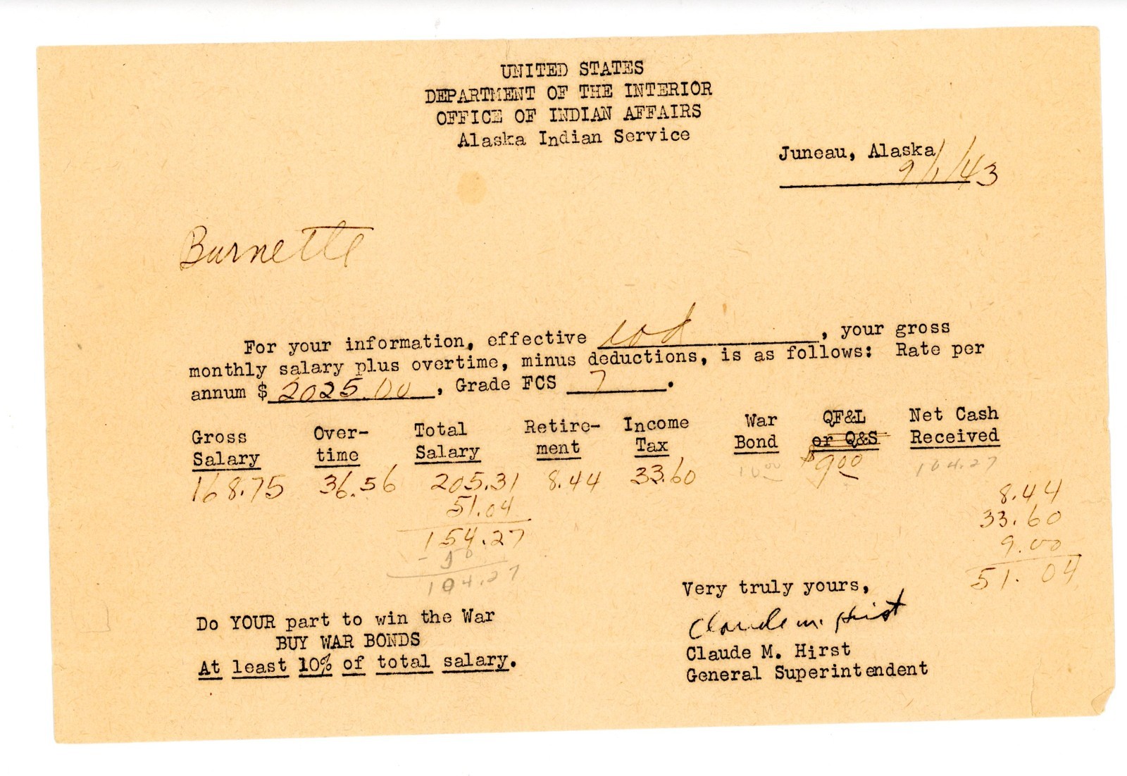 1943 U.S. Department of Interior Office Indian Affairs Alaska Salary Statement