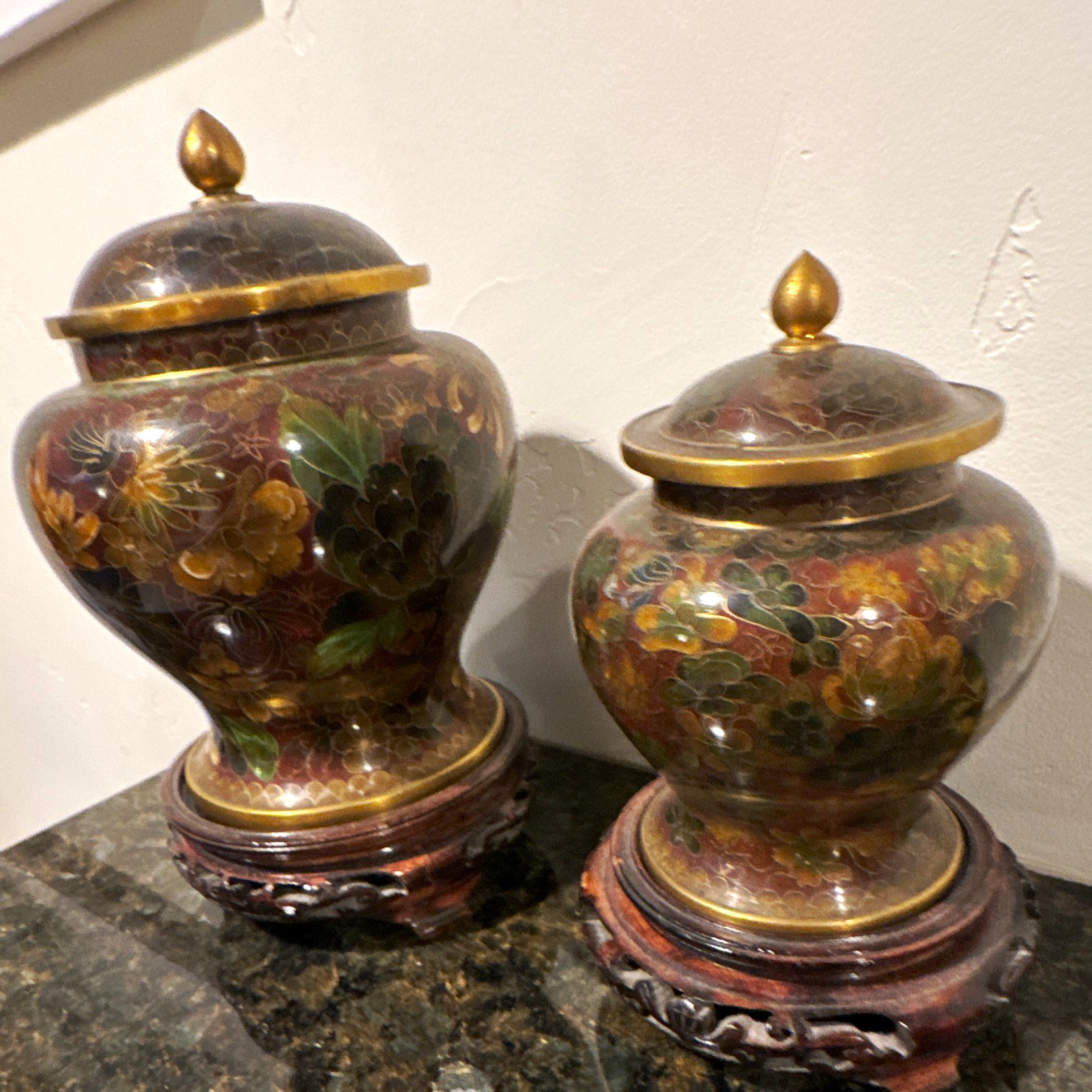 Pair Cloisonne Enamel Floral Lidded Jars/Urns with Carved Wood Bases