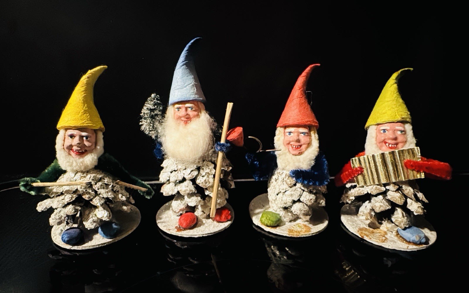 Vintage West Germany Spun Cotton Pine Cone Putz Elves Gnomes Set Of 4 HTF