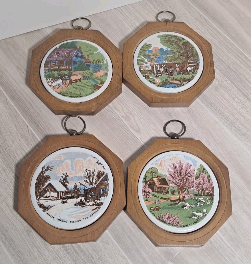 VTG Currier & Ives Wood & Ceramic MCM Wall Hanging Plaques American Four Seasons