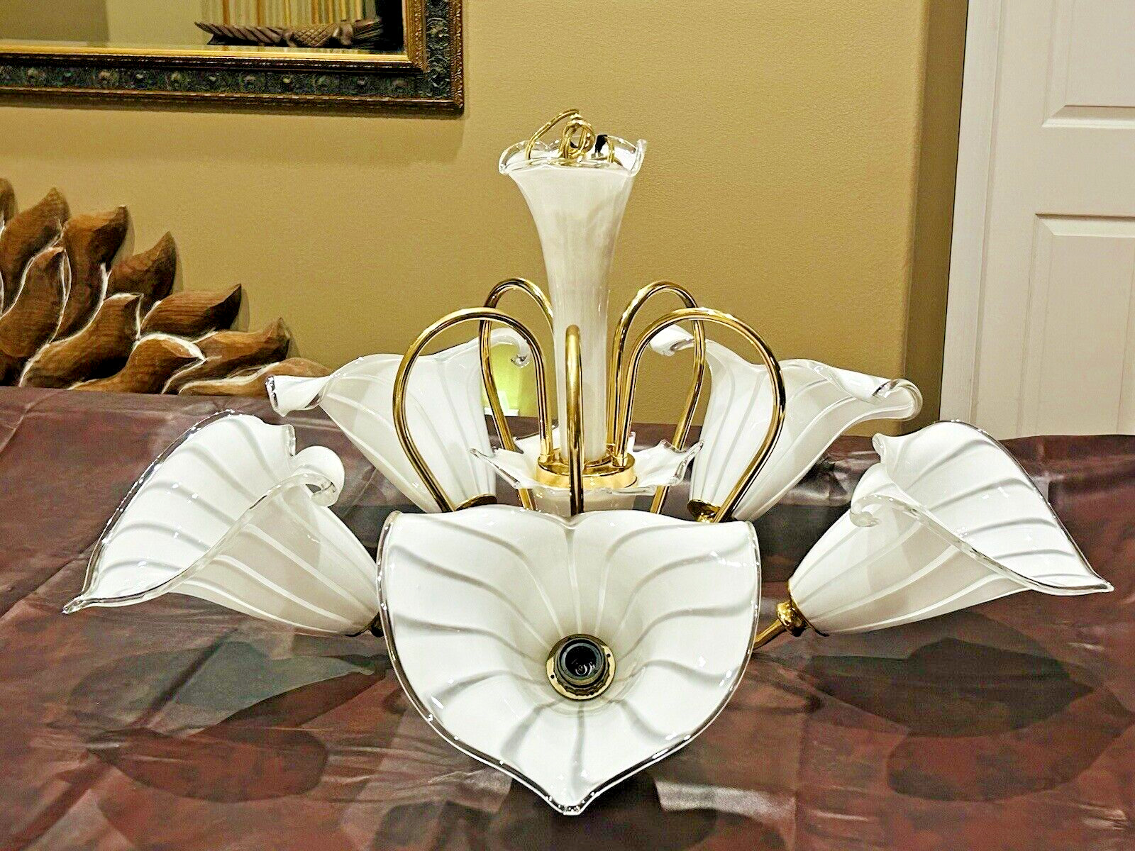 Murano Art Glass Chandelier White Calla Lily Flowers Brass Franco Luce Italy MCM