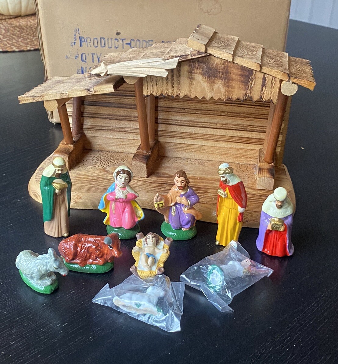 Crèche Nativity Wooden MCM W/Figures Jesus In Cradle NOS W/Box Open Taiwan Vtg