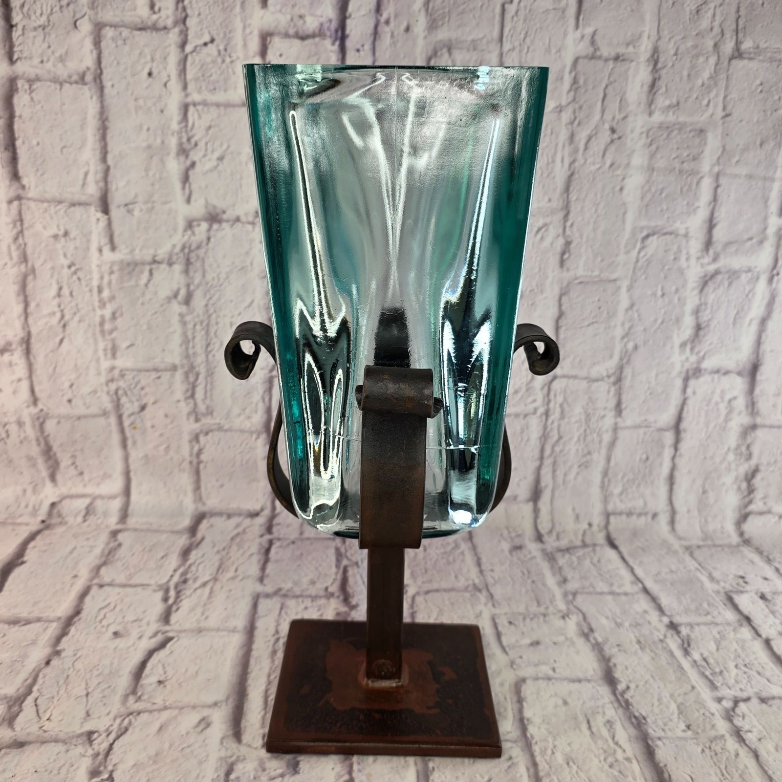 Jan Barboglio Glass Vase Iron Bronze Holder Hand Blown Aqua/blue Green Fluted