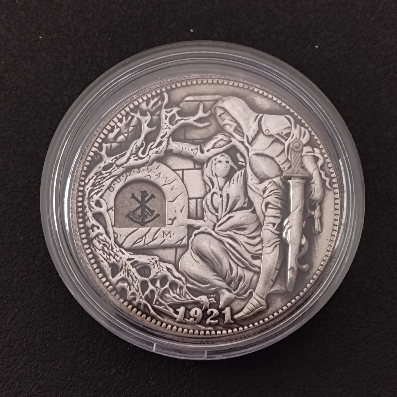 Silver Plated Movable Mechanism Holy Grail Hobo Nickel Knight Drawing Sword 1921
