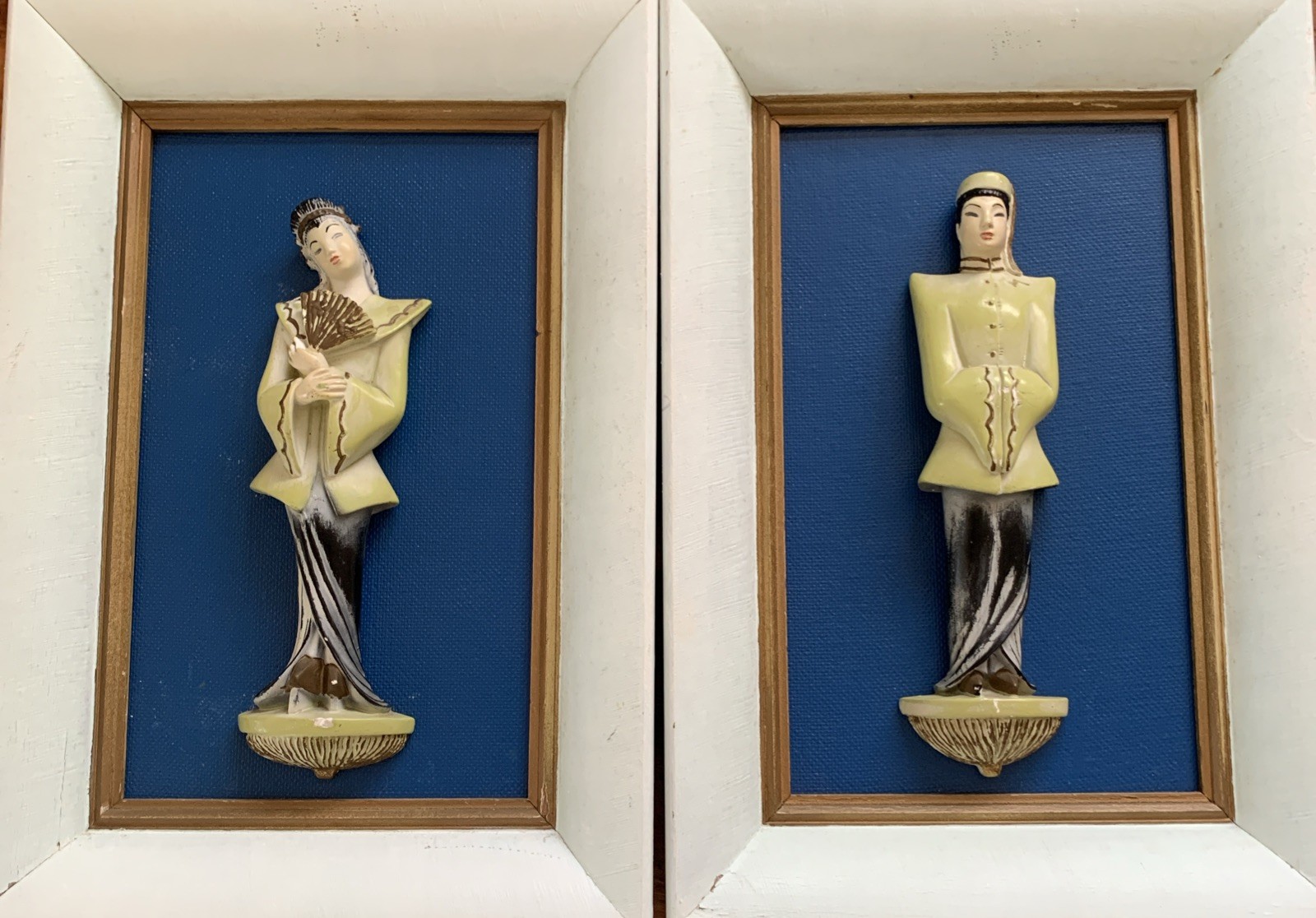 Pair of framed 1950s Vintage  Chalkware Wall Art Asian couple