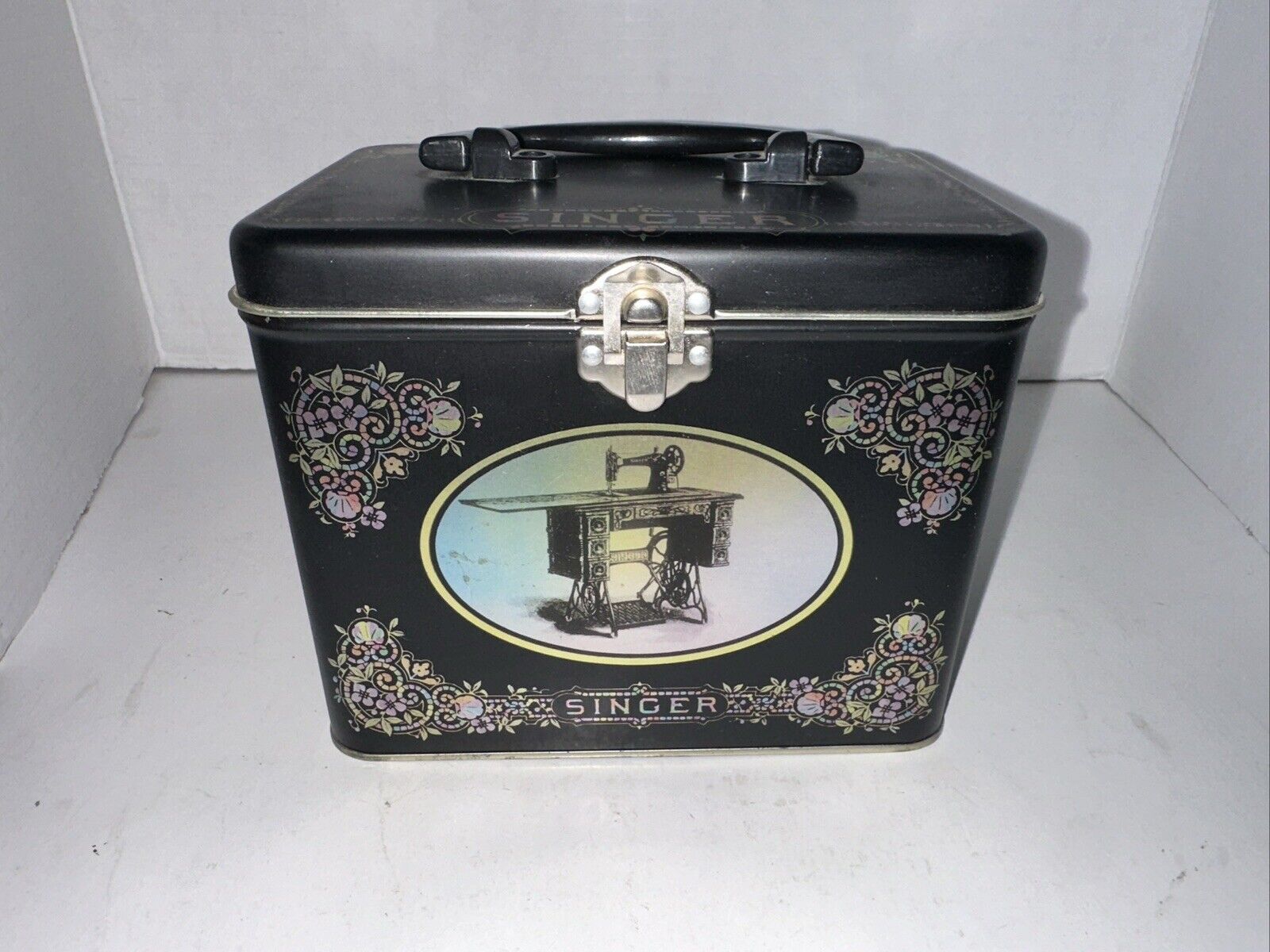 Singer Sewing Box Tin With Handle Black Vintage-Style Graphics 