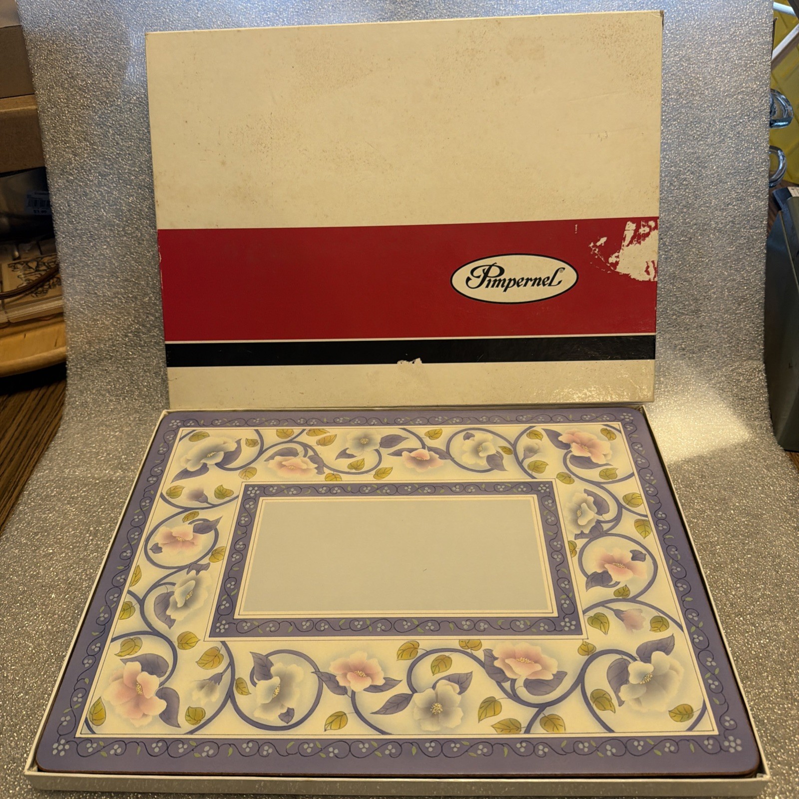PIMPERNEL Set 4 Periwinkle Blue Border w/ Pastel Pink & Green Vines. Corkback PIMPERNEL Set 4 Periwinkle Blue Border w/ Pastel Pink & Green Vines. Corkback