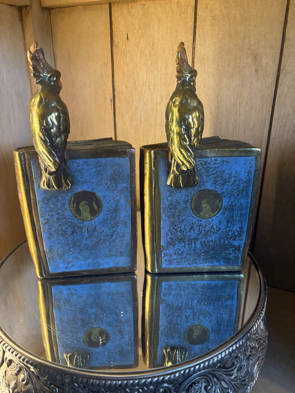 Vintage Pompeian Bronze Parrot Cockatoo Bookends Atlas of the World 1920s