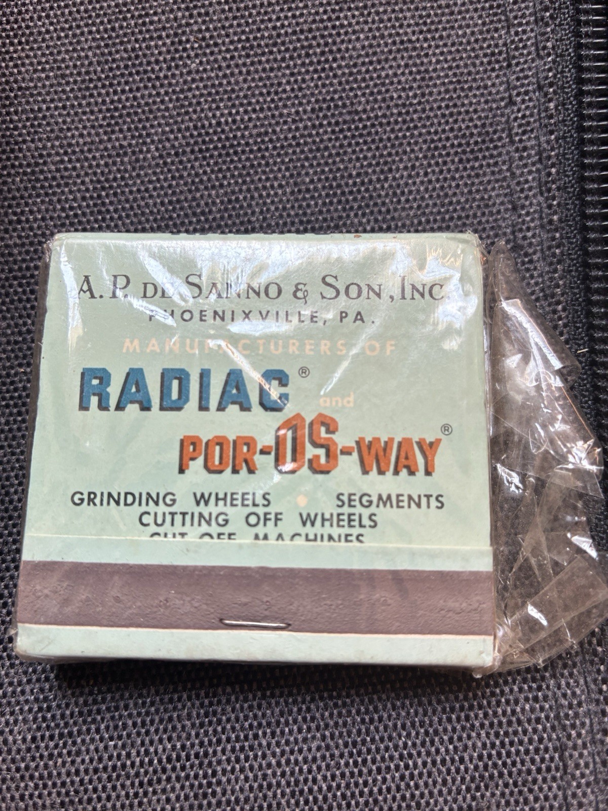 Radiac Abrasives Por-Os-Way Advertising Matchbook Cover A.P. De Sanno & Son