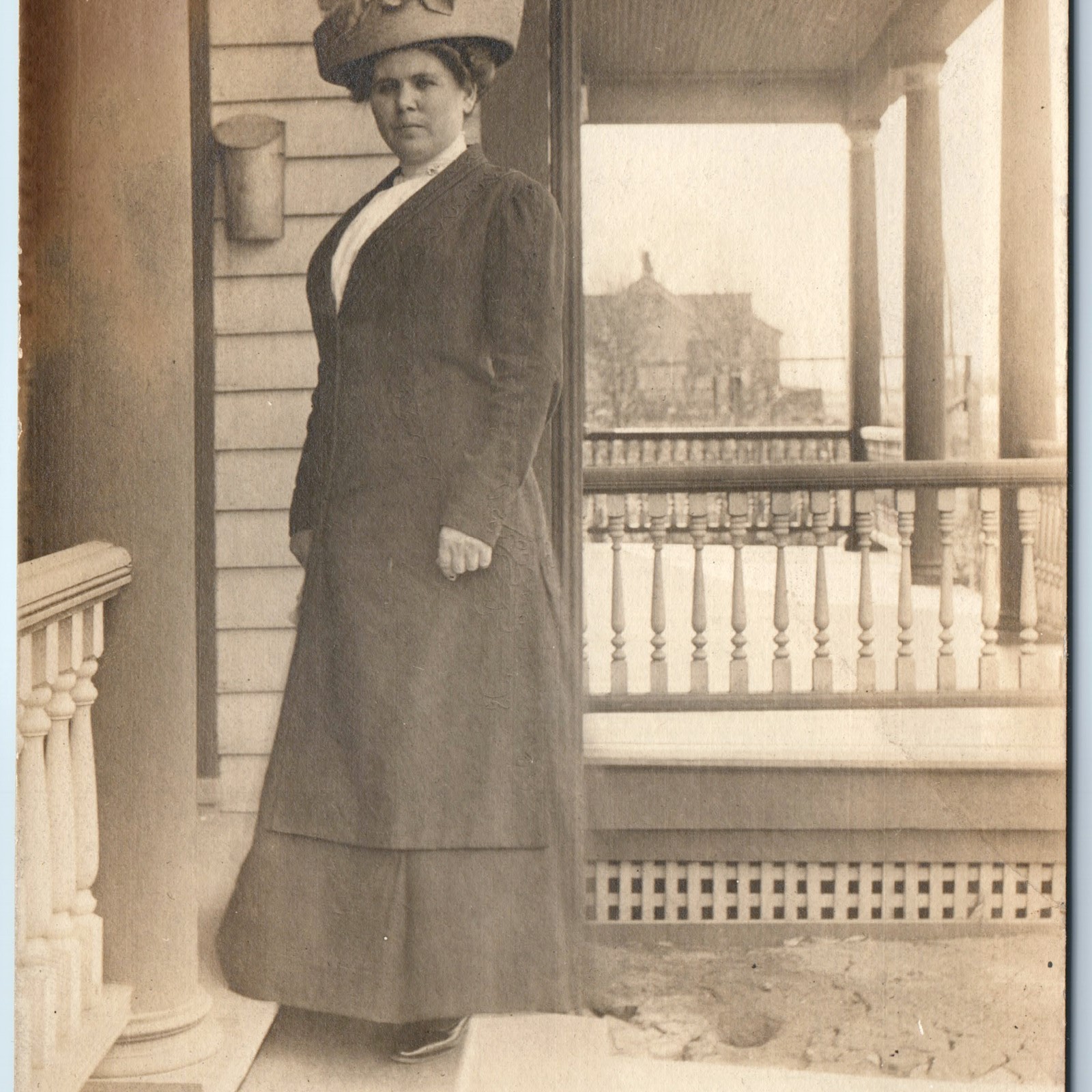 c1910s Victorian Woman Elaborate Hat Porch Architecture RPPC Photo Postcard c1910s Victorian Woman Elaborate Hat Porch Architecture RPPC Photo Postcard