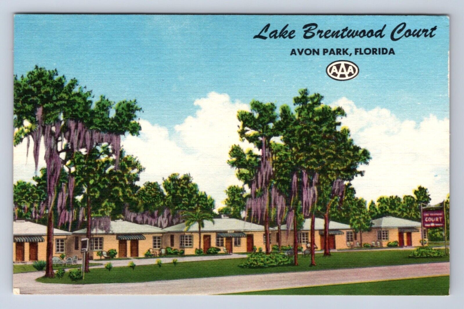 VINTAGE LAKE BRENTWOOD COURT AVON PARK FLORDA AAA POSTCARD CD