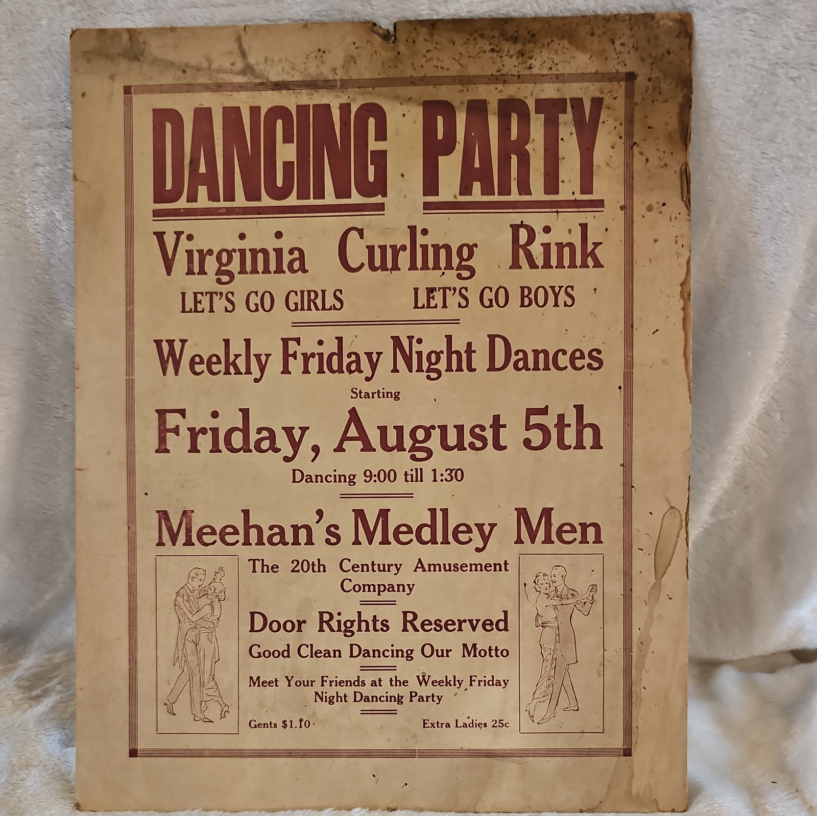 Vtg 1920s Dancing Party Poster Virginia MN Curling Rink Ad Extra Women 25 cents
