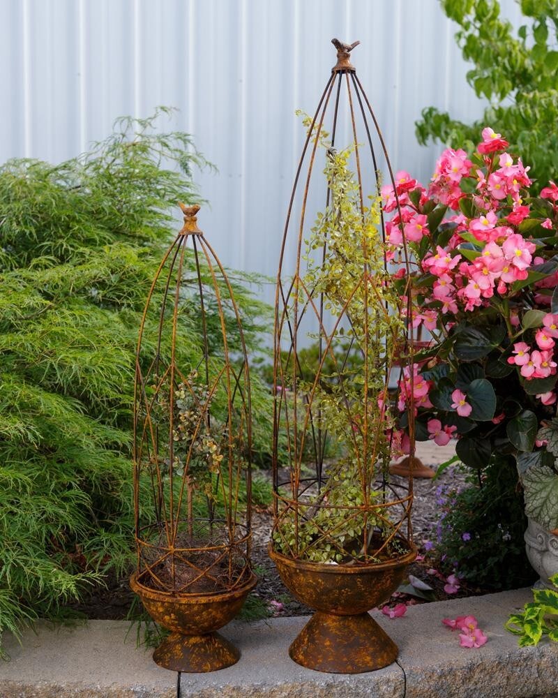 Beautiful Set of two Metal Flower Stands with Birds - Rusty Nested-32''/41.5''H