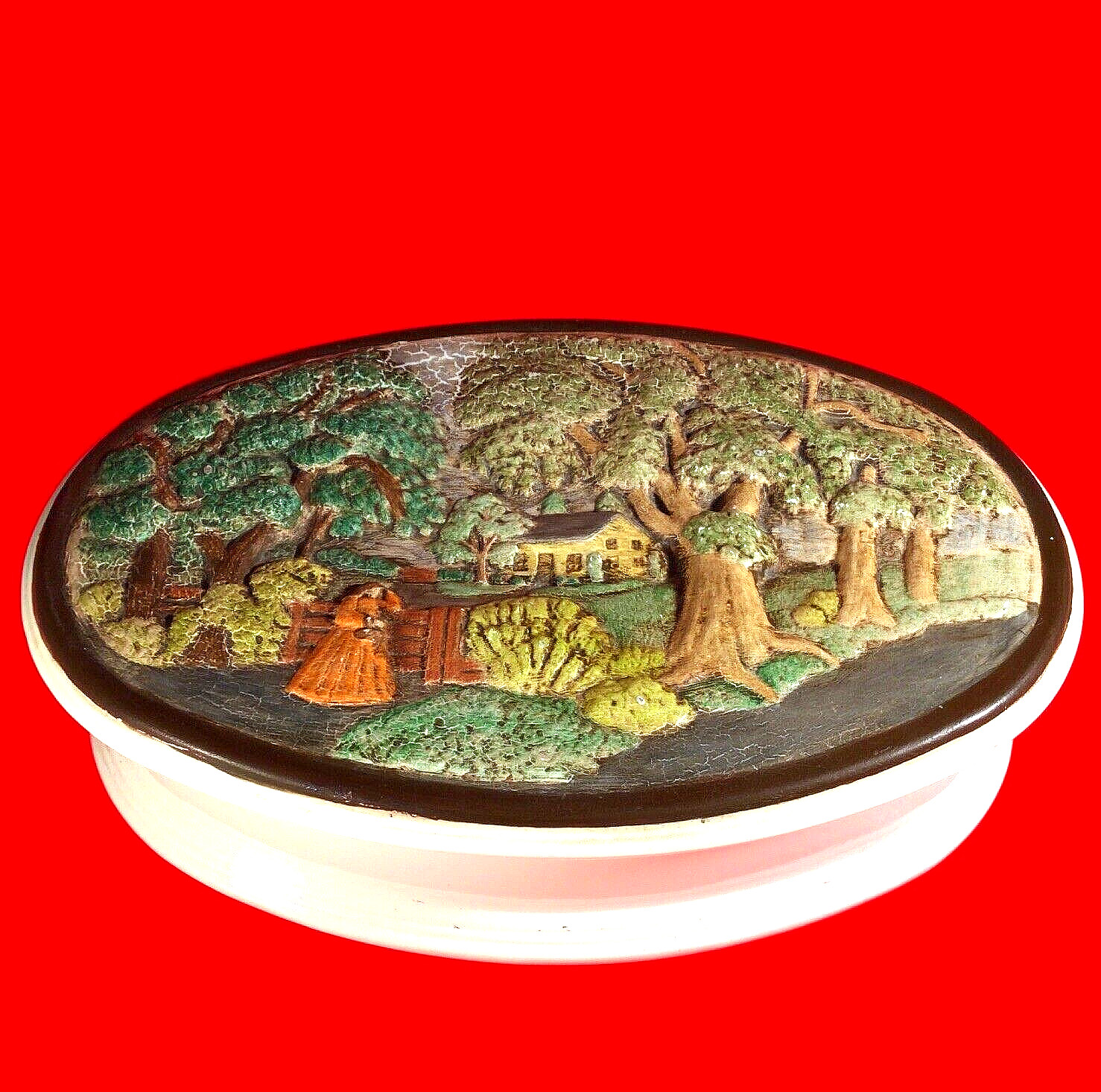 VINTAGE PORCELAIN DRESSER BOX 11 1/2  HAND PAINTED RAISED COUNTRY SCENE