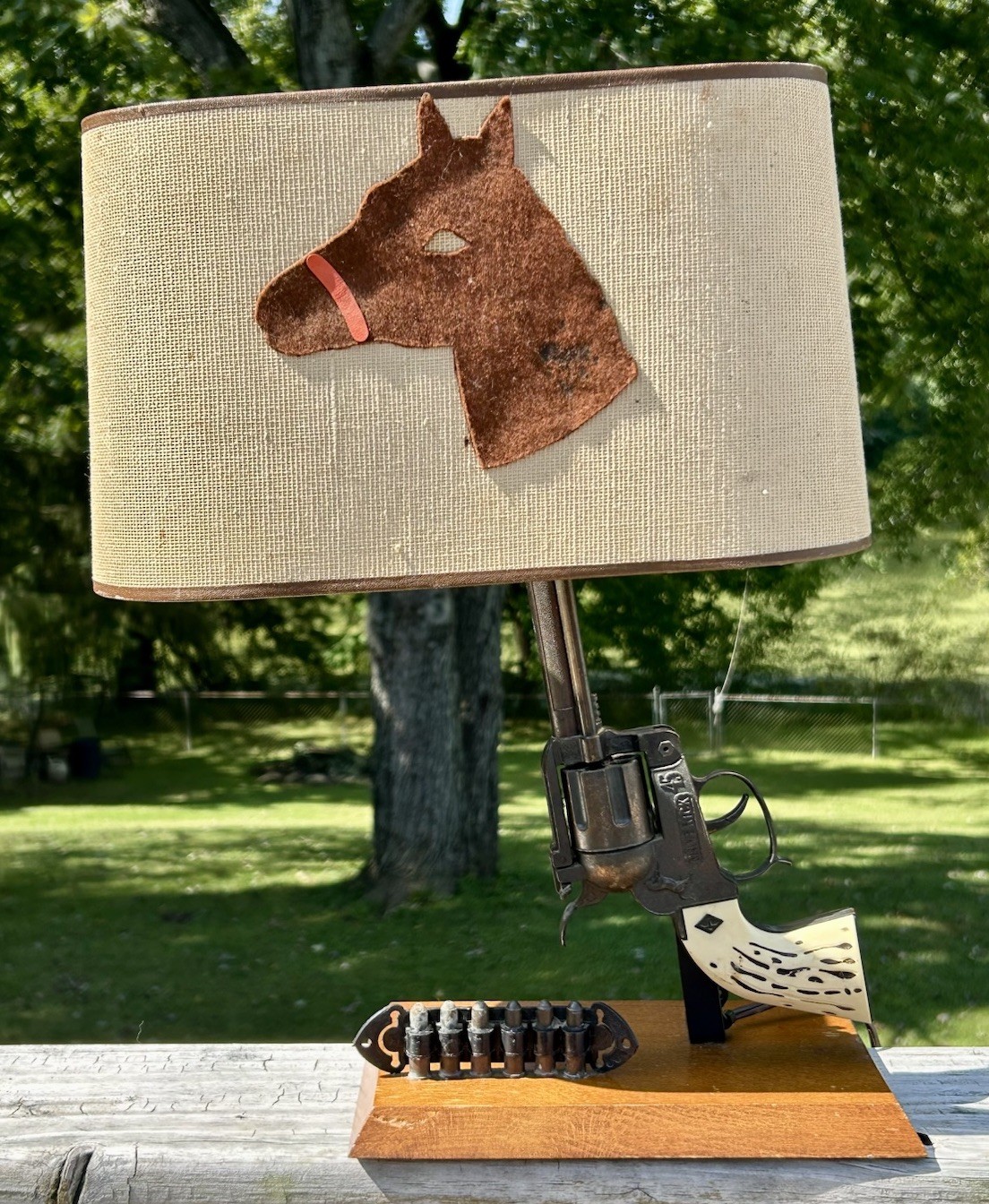 VTG Folk Art WESTERN TABLE LAMP Halco MAVERICK 45 Cap Gun Base HORSE Shade