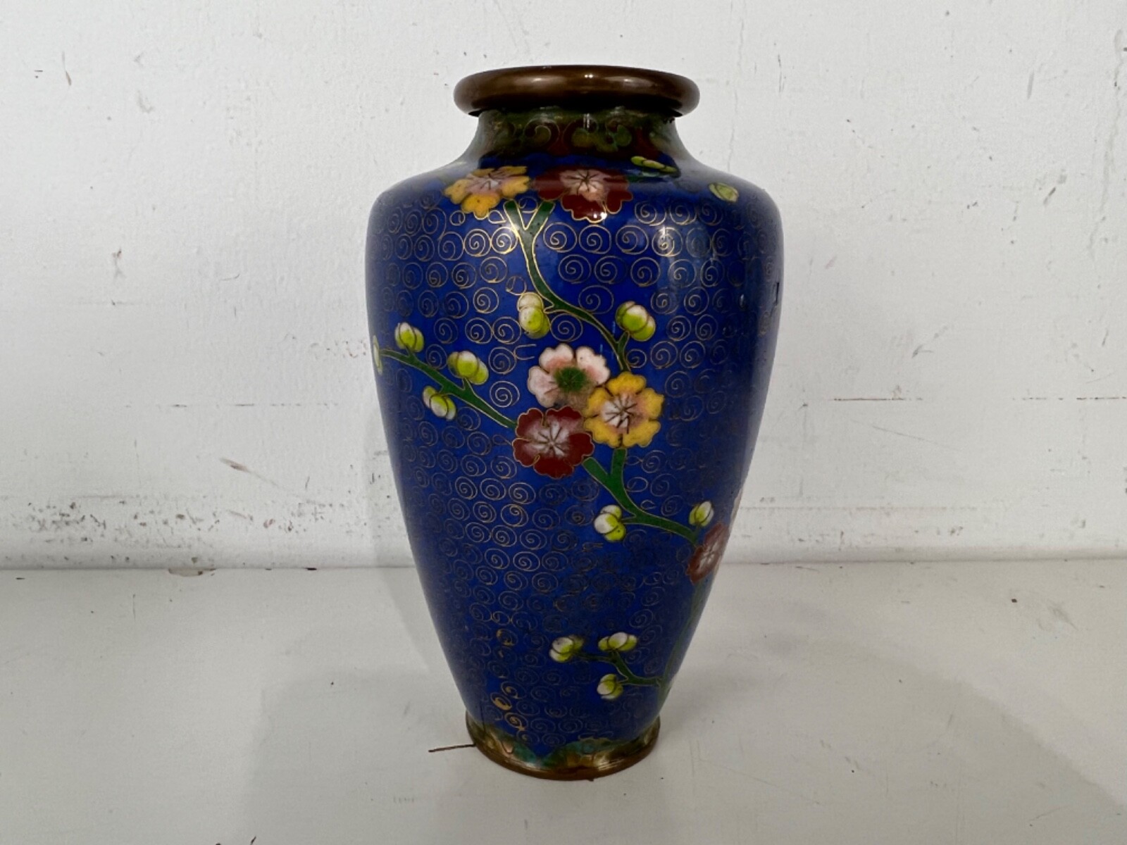 Vintage Possibly Antique Japanese Blue Cloisonné Vase with Floral Decorations