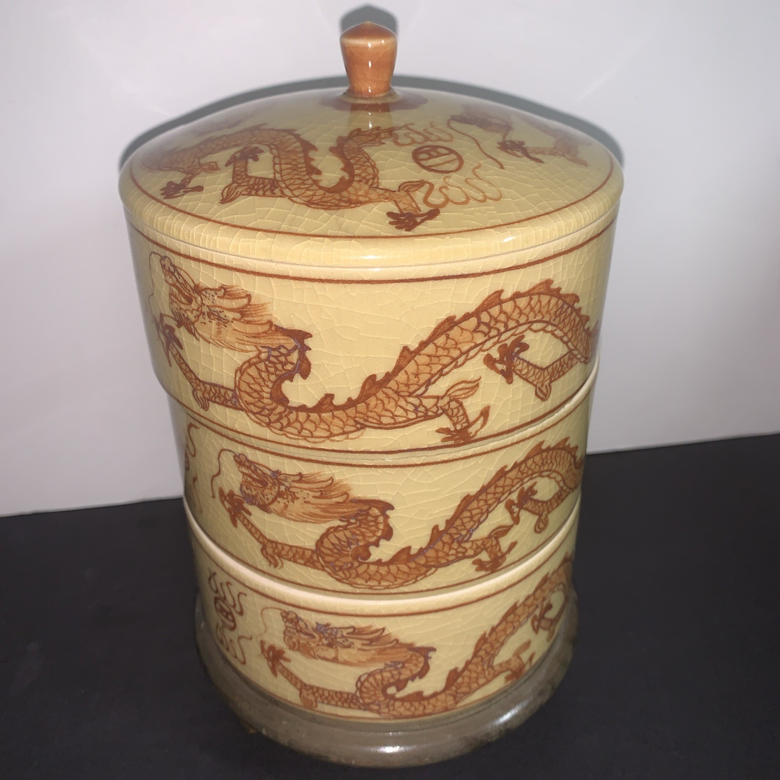 Chinese Dragon 3 Tier Stacking Box Jar Jubako Yellow Crackle Glaze Ceramic