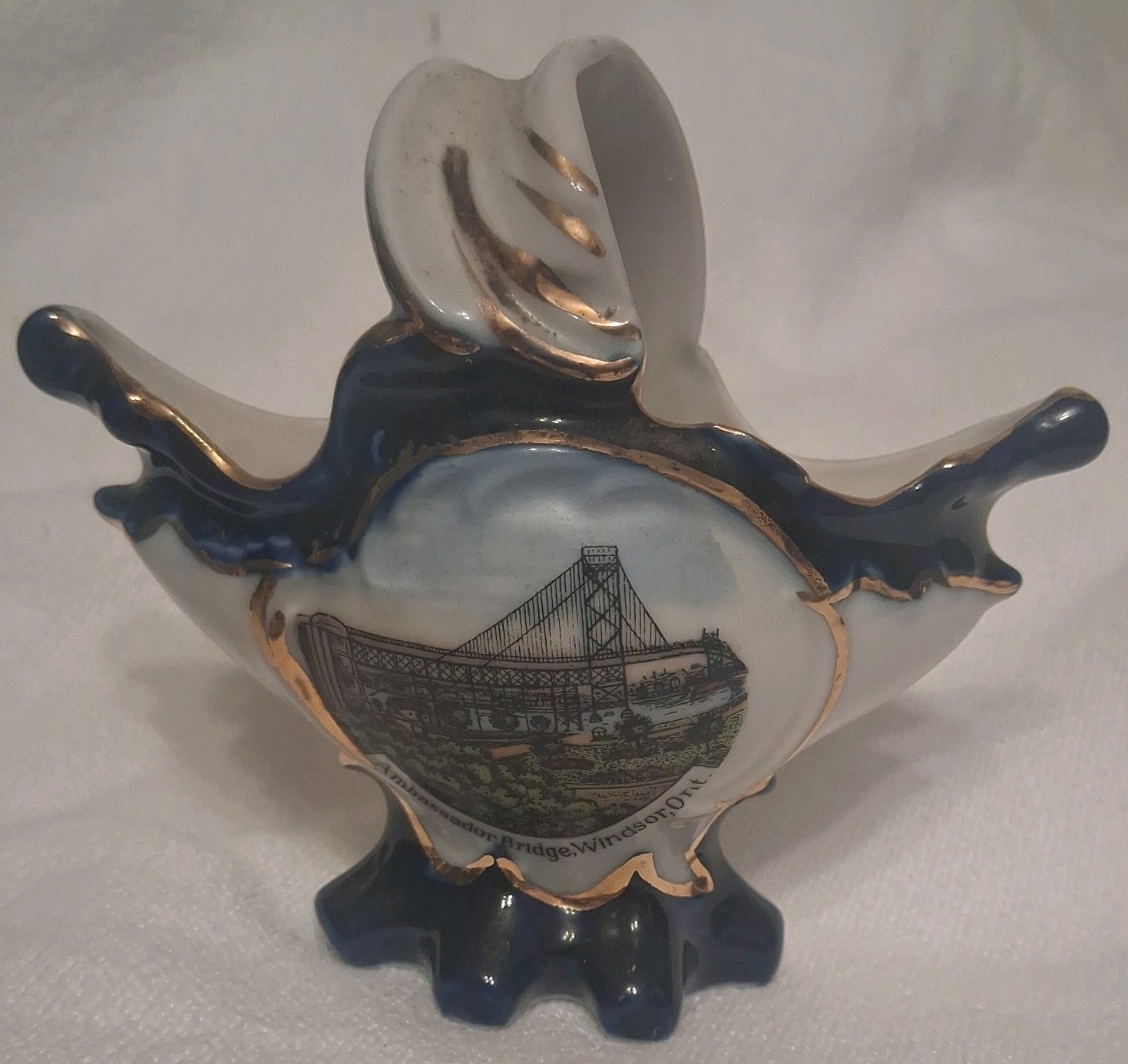 Antique Flow Blue Ambassador Bridge Windsor, Ontario Trinket Holder Gremany