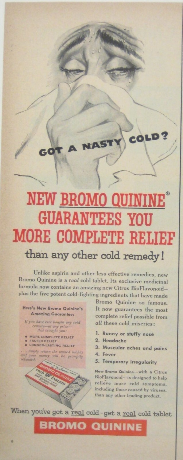 Vintage 1956 Bromo Quinine Cold Remedy Print Ad