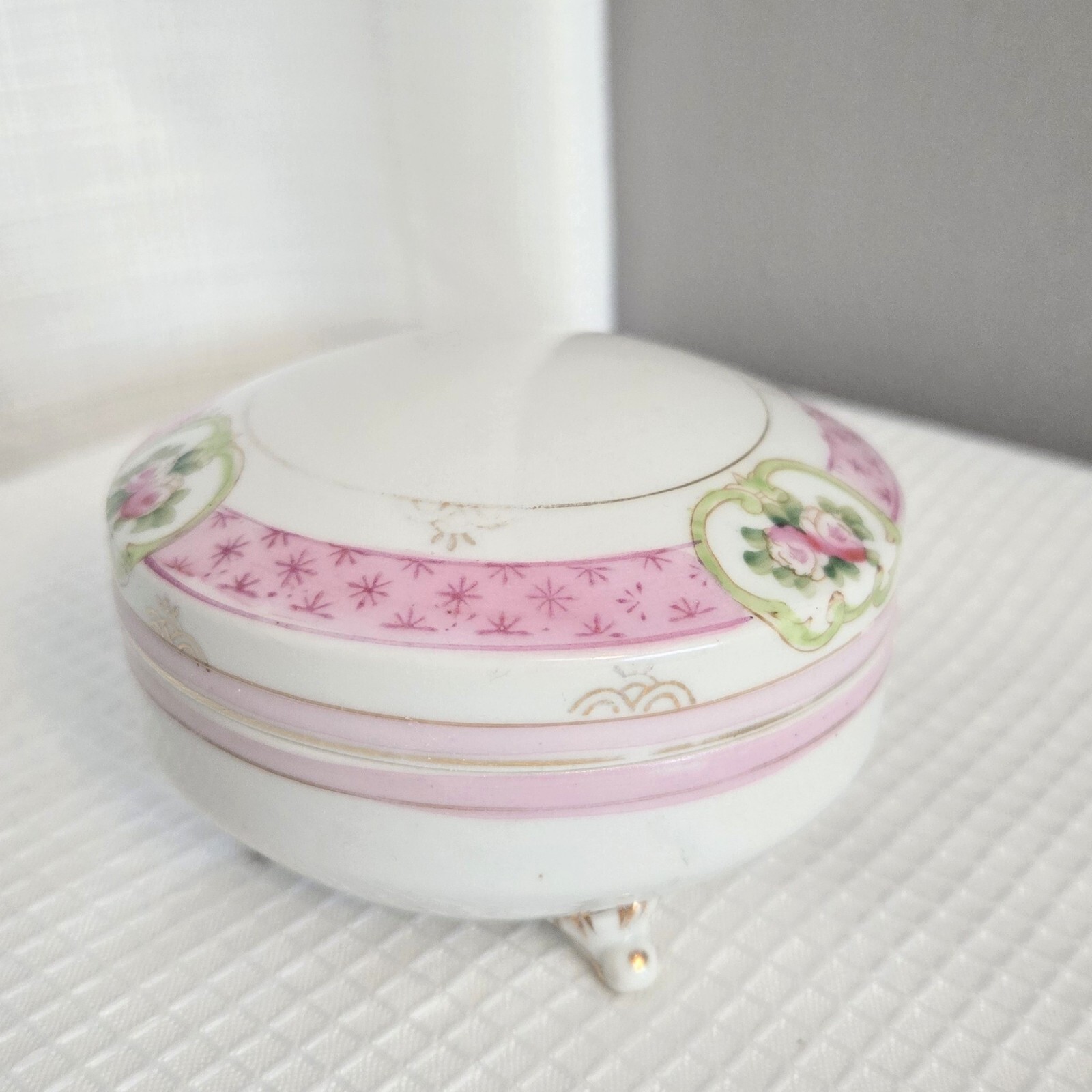Vtg NIPPON Footed Porcelain Container Trinket Dresser Vanity Pink Stripe Floral