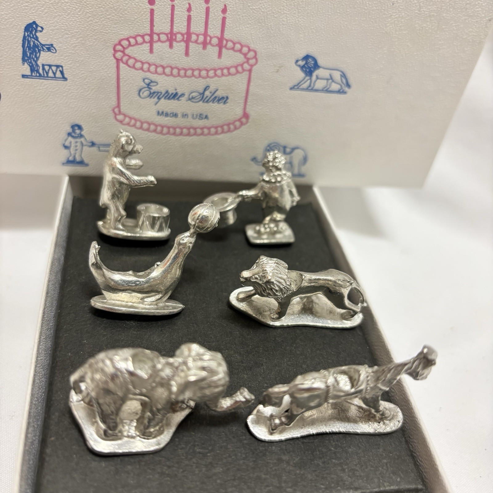 Vntg Empire Silver Pewter Circus Candle Holders In Original Box.