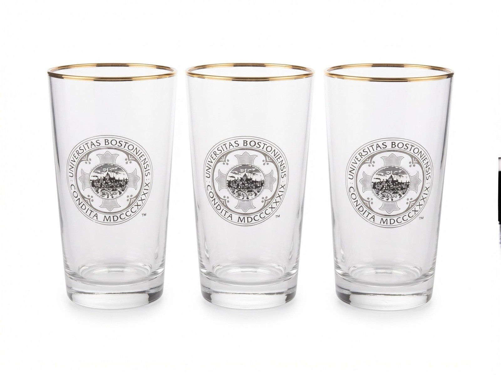 Vintage Boston University BU Pint Glasses Set of 3 Red Seal Gold Trim