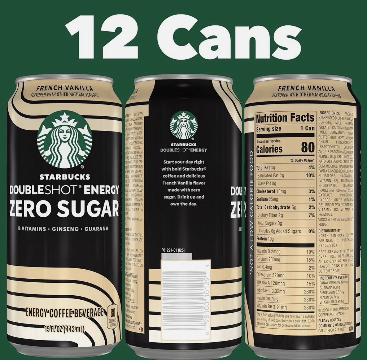 12-Pack Starbucks Doubleshot Energy Zero Sugar French Vanilla 15 fl oz Cans